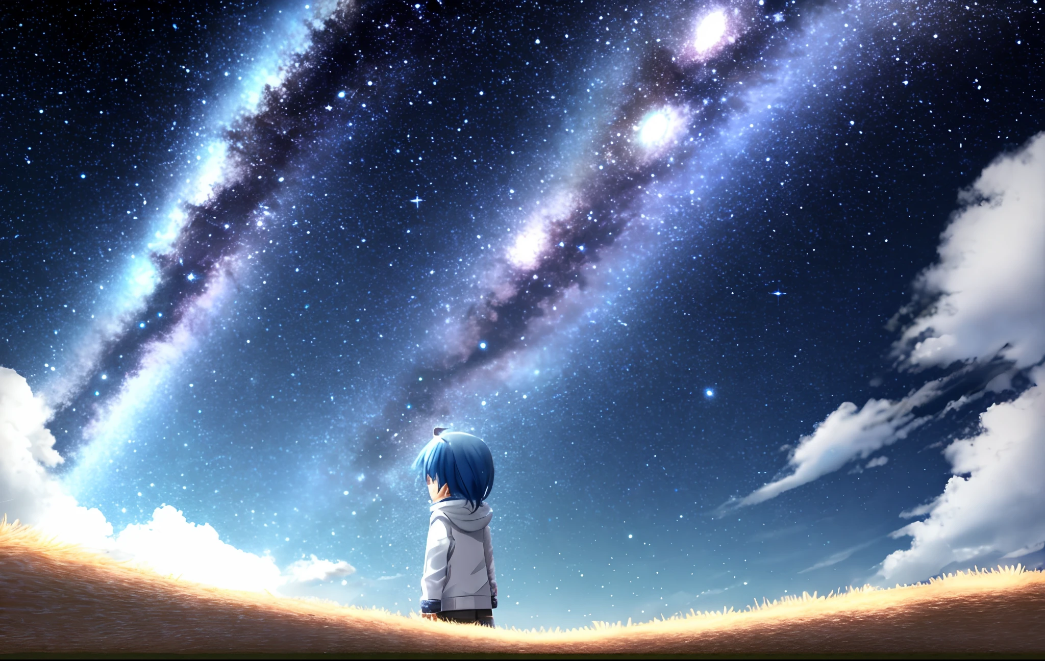 starrysky,Starry sky as seen on a planet,Other planets appear in the starry sky,The starry sky is black and blue,White is the main tone,Saturn ring