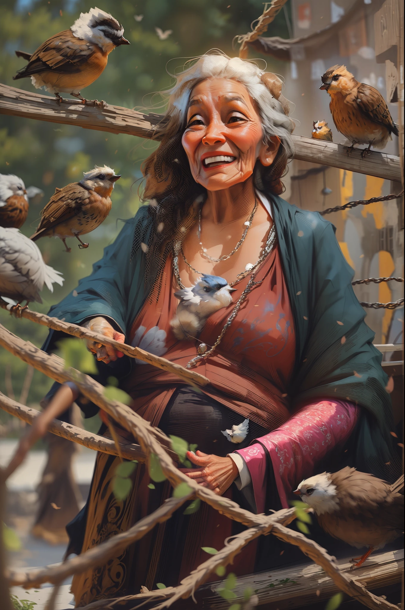 an elderly brown-skinned woman in typical gypsy robes playing with birds