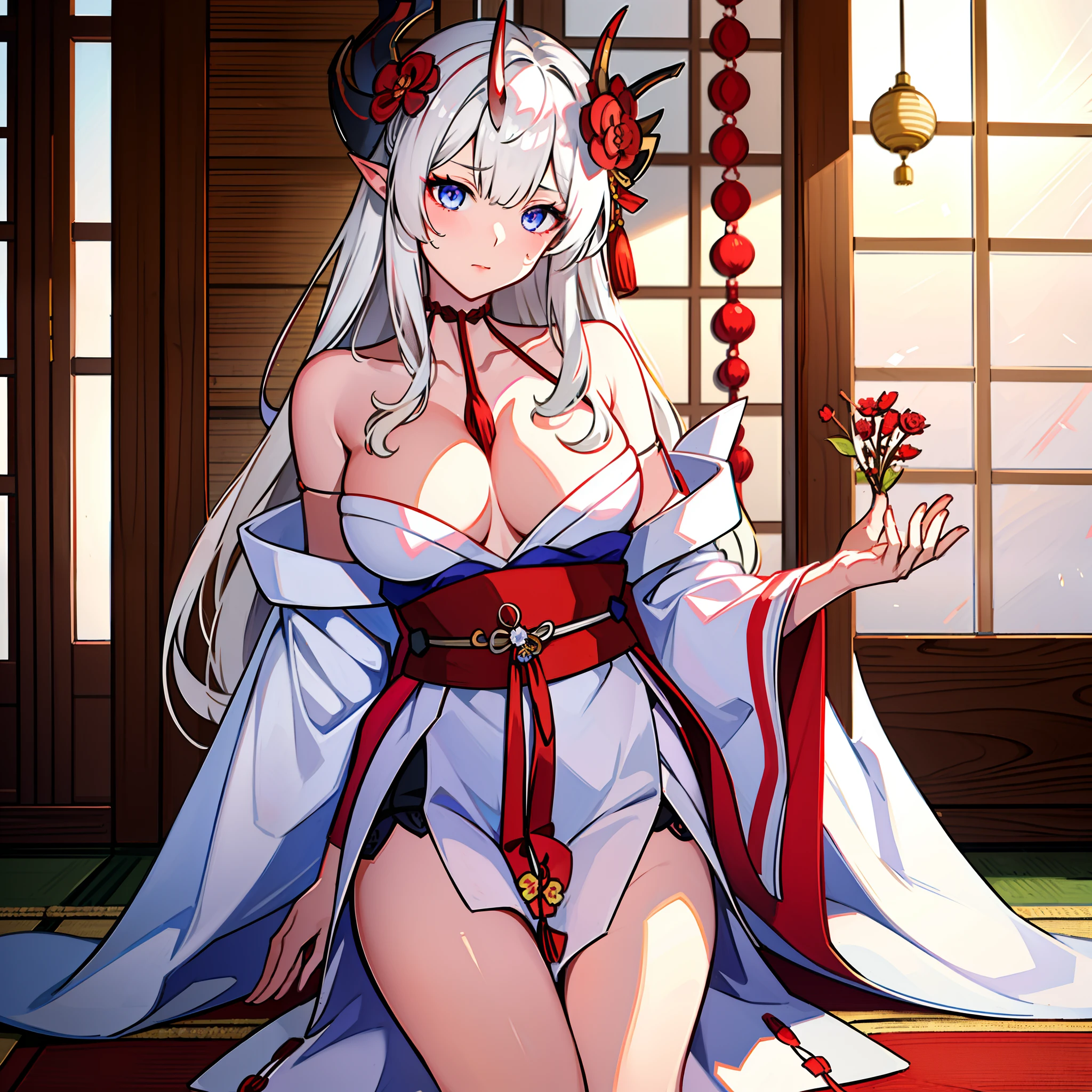 Masterpiece, Best quality, Ultra-detailed, illustration, Warm lighting, Bright colors, 8K wallpaper, 1girll, Solo, Heterochromia, eBlue eyes, Pink eye, flower, hair flower, hair adornments, flower accessory, hair between eye, hair adornments, single horn, oni horn, White hair, Very long hair, Fur trim, Japanese clothes, kouhaku nawa, Obi, Pelvic curtain, Cord, sash, shimenawa, thigh band, Shrine, A Japanese shrine, Pavement, stone grinding, Temple, day, Cowboy shot, sliding door, the cherry trees,