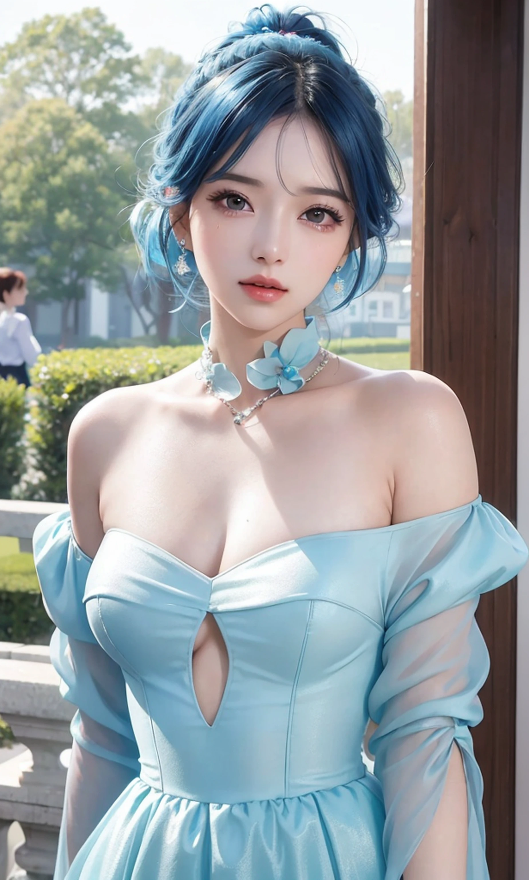 (8k, RAW photo, photorealistic:1.25) cerulean hair, cerulean eyes, tears, cerulean dress,( lip gloss, eyelashes, glossy finish, glossy skin, best quality, super high resolution, depth of field, chromatic aberration, caustics, wide light, natural shadow, Kpop idol) look with serenity and goddess-like bliss to the spectators,
