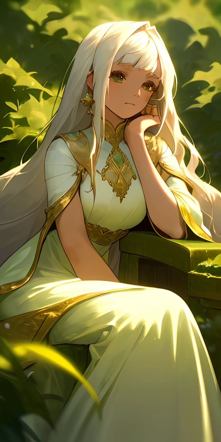 "(masterpiece, highest quality), one girl with flowing white hair seated amidst a vibrant green landscape, her hand delicately placed under her chin, illuminated by warm golden light, dressed in a graceful white gown, with a softly blurred foreground."