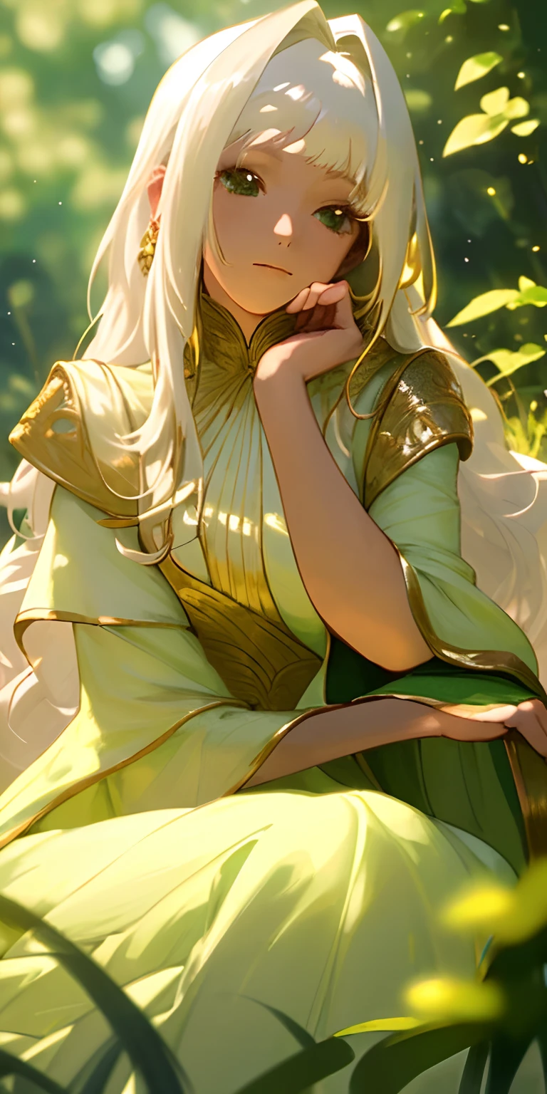 "(masterpiece, highest quality), one girl with flowing white hair seated amidst a vibrant green landscape, her hand delicately placed under her chin, illuminated by warm golden light, dressed in a graceful white gown, with a softly blurred foreground."