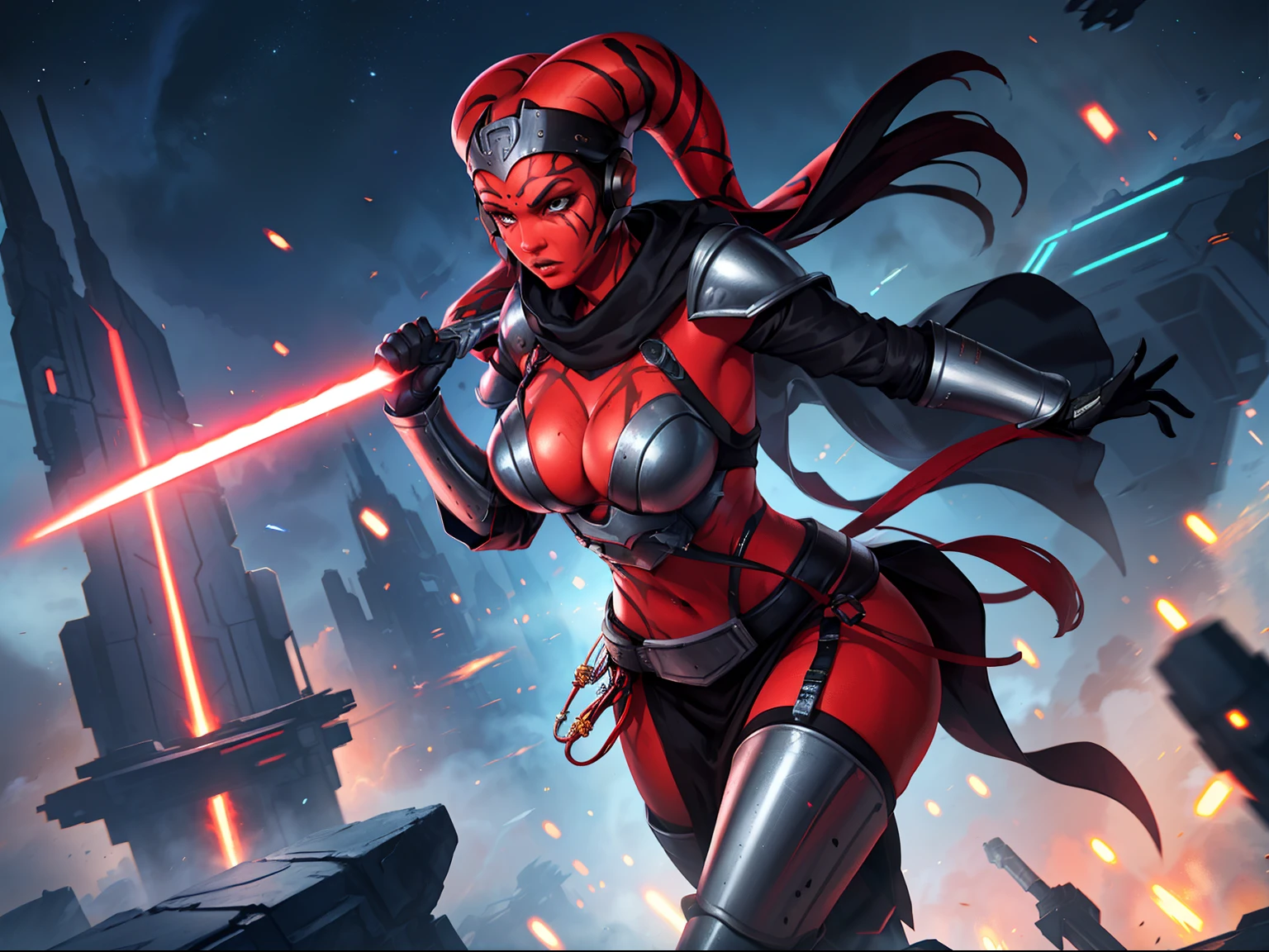 running, raised fist, violence, leaping, sword fighting, lasers, explosions, action scene, fighting, masterpiece, best quality, high-definition, armor, busty, ((red skin), twi'lek), dual red lightsabers, evil space knight, space ninja, (wearing black robes, black stealth armor, breastplate, tunic, tabard, cowl, cloak, body glove, straps, buckles, skirts, long sleeves, fantasy, ((armor))), ((busty), slender body, thin, slim sexy body, slim waist), Imperial starship, Star Wars, futuristic city, warzone