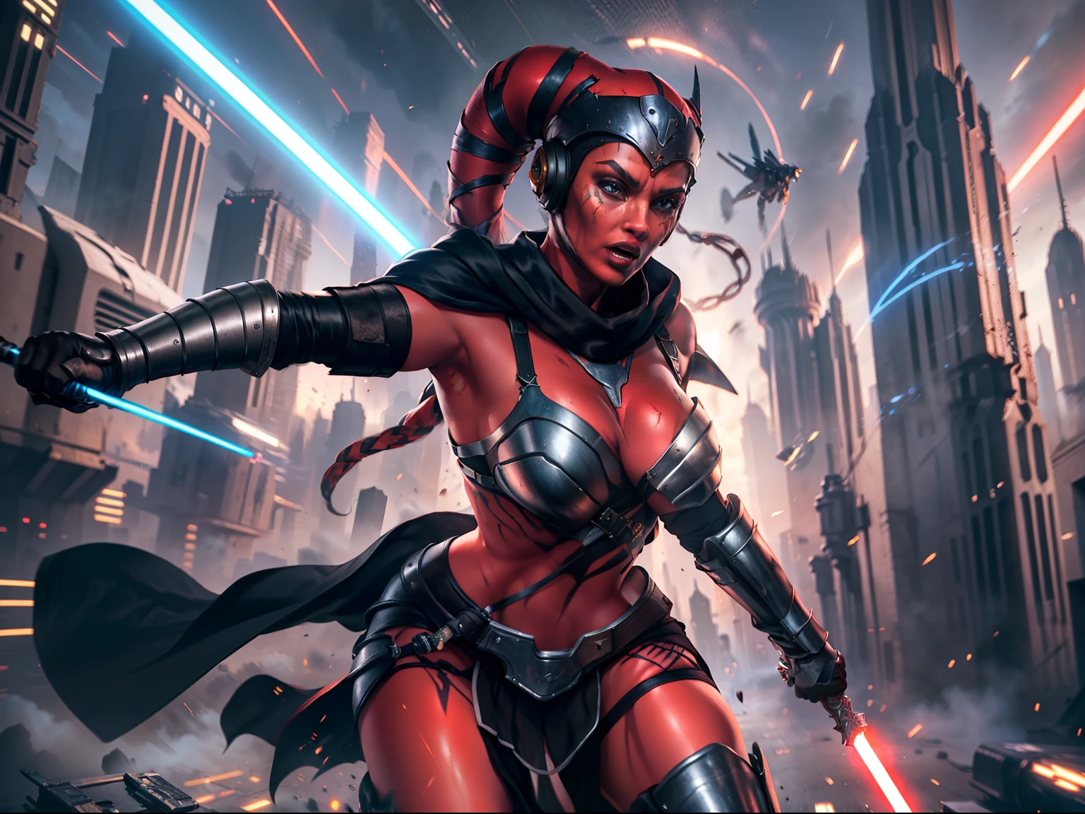 running, raised fist, violence, leaping, sword fighting, lasers, explosions, action scene, fighting, masterpiece, best quality, high-definition, armor, busty, ((red skin), twi'lek), dual red lightsabers, evil space knight, space ninja, (wearing black robes, black stealth armor, breastplate, tunic, tabard, cowl, cloak, body glove, straps, buckles, skirts, long sleeves, fantasy, ((armor))), ((busty), slender body, thin, slim sexy body, slim waist), Imperial starship, Star Wars, futuristic city, warzone