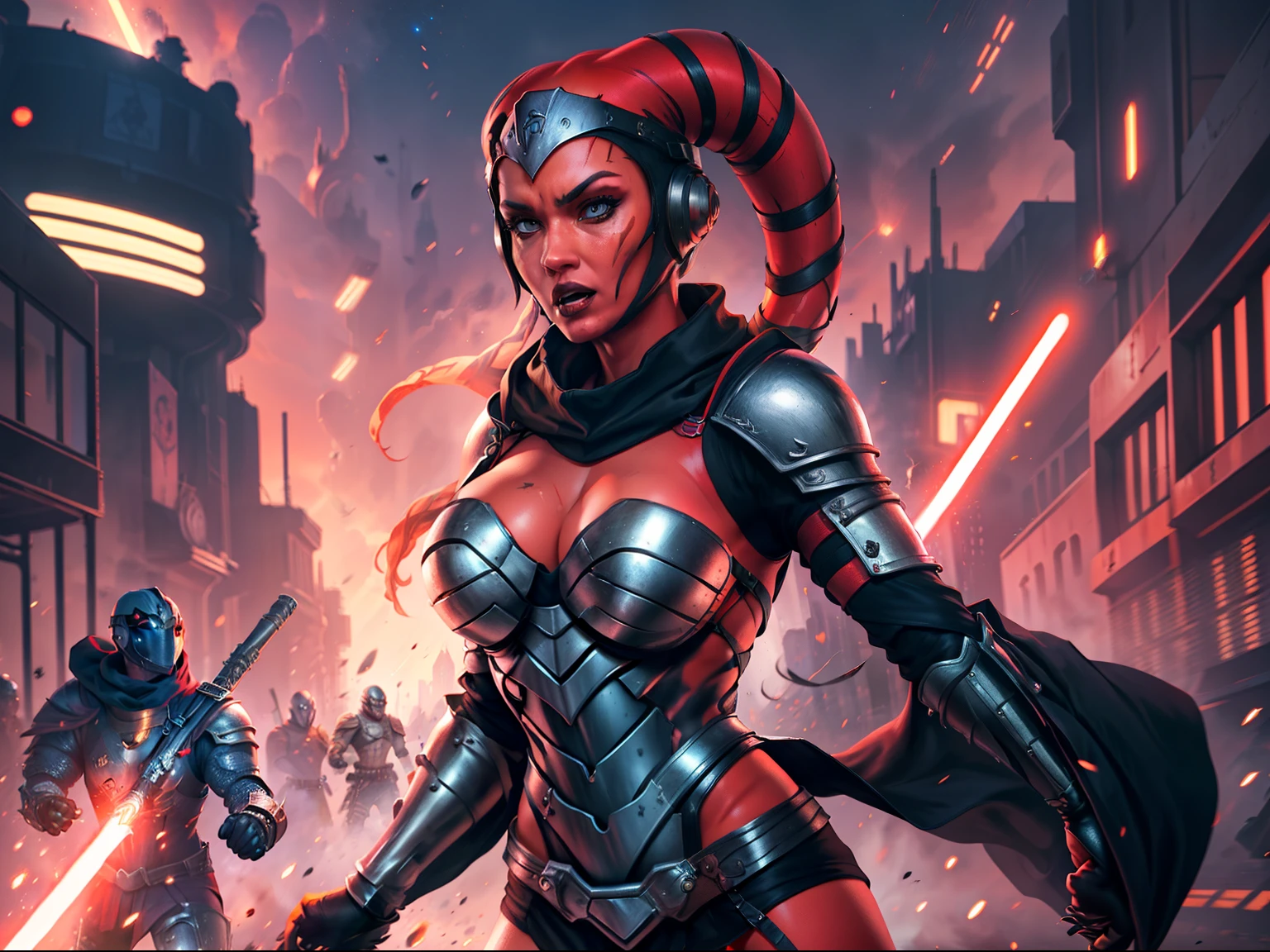 running, raised fist, violence, leaping, sword fighting, lasers, explosions, action scene, fighting, masterpiece, best quality, high-definition, armor, busty, ((red skin), twi'lek), dual red lightsabers, evil space knight, space ninja, (wearing black robes, black stealth armor, breastplate, tunic, tabard, cowl, cloak, body glove, straps, buckles, skirts, long sleeves, fantasy, ((armor))), ((busty), slender body, thin, slim sexy body, slim waist), Imperial starship, Star Wars, futuristic city, warzone