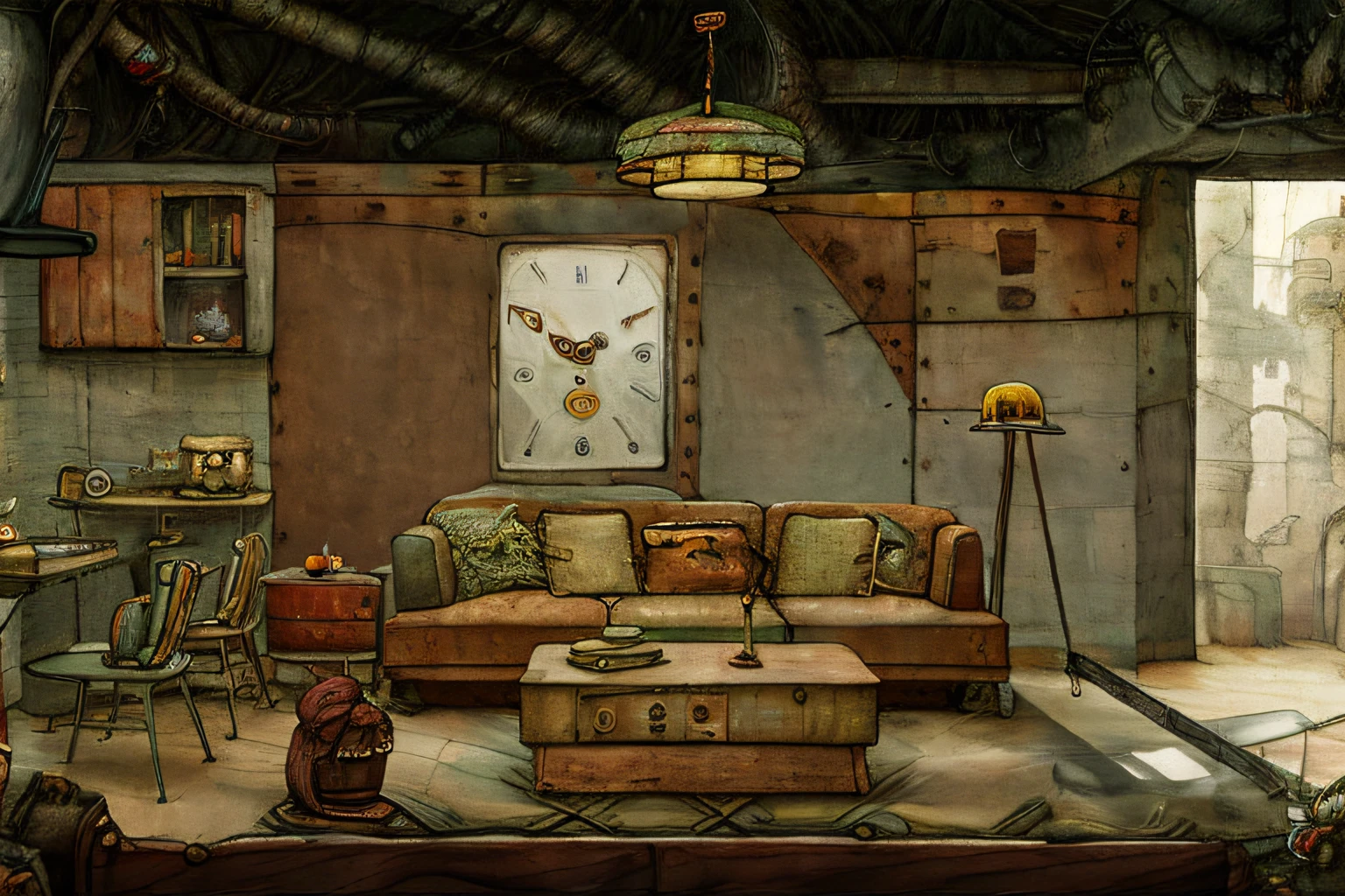 a painting of a room with a staircase and a clock , jxmc style,