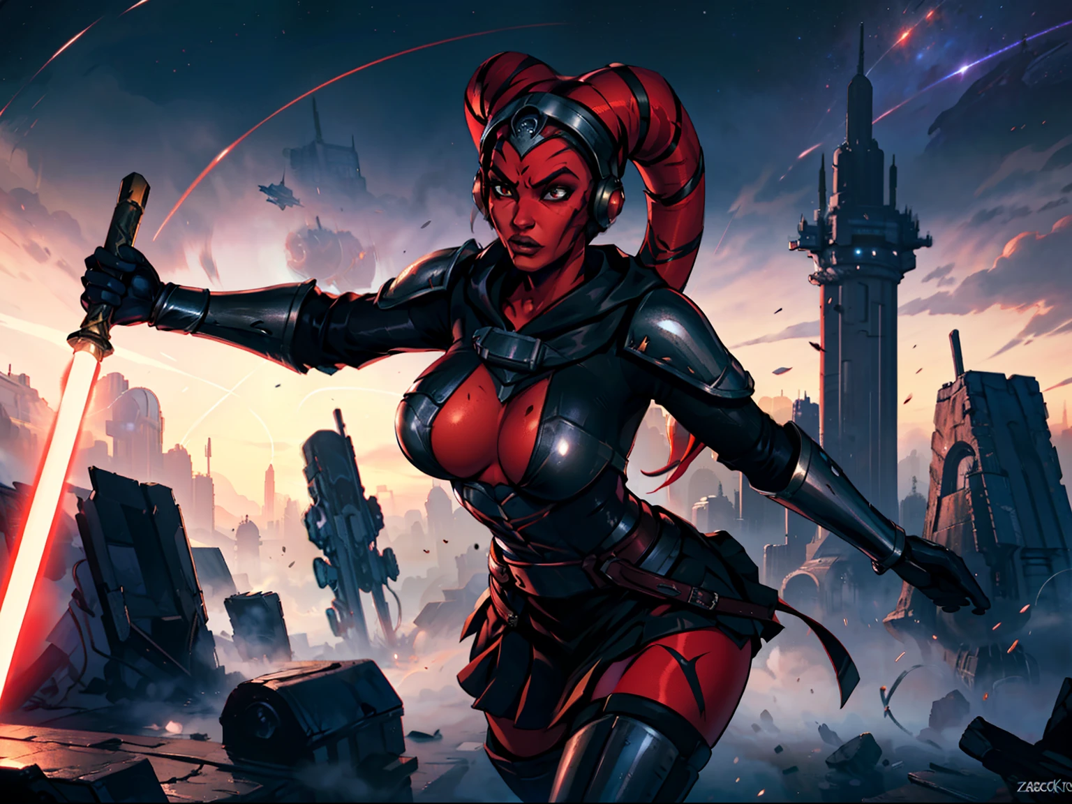 running, raised fist, violence, leaping, sword fighting, lasers, explosions, action scene, fighting, masterpiece, best quality, high-definition, armor, busty, ((red skin), twi'lek), dual red lightsabers, evil space knight, space ninja, (wearing black robes, black stealth armor, breastplate, tunic, tabard, cowl, cloak, body glove, straps, buckles, skirts, long sleeves, fantasy, ((armor))), ((busty), slender body, thin, slim sexy body, slim waist), Imperial starship, Star Wars, futuristic city, warzone