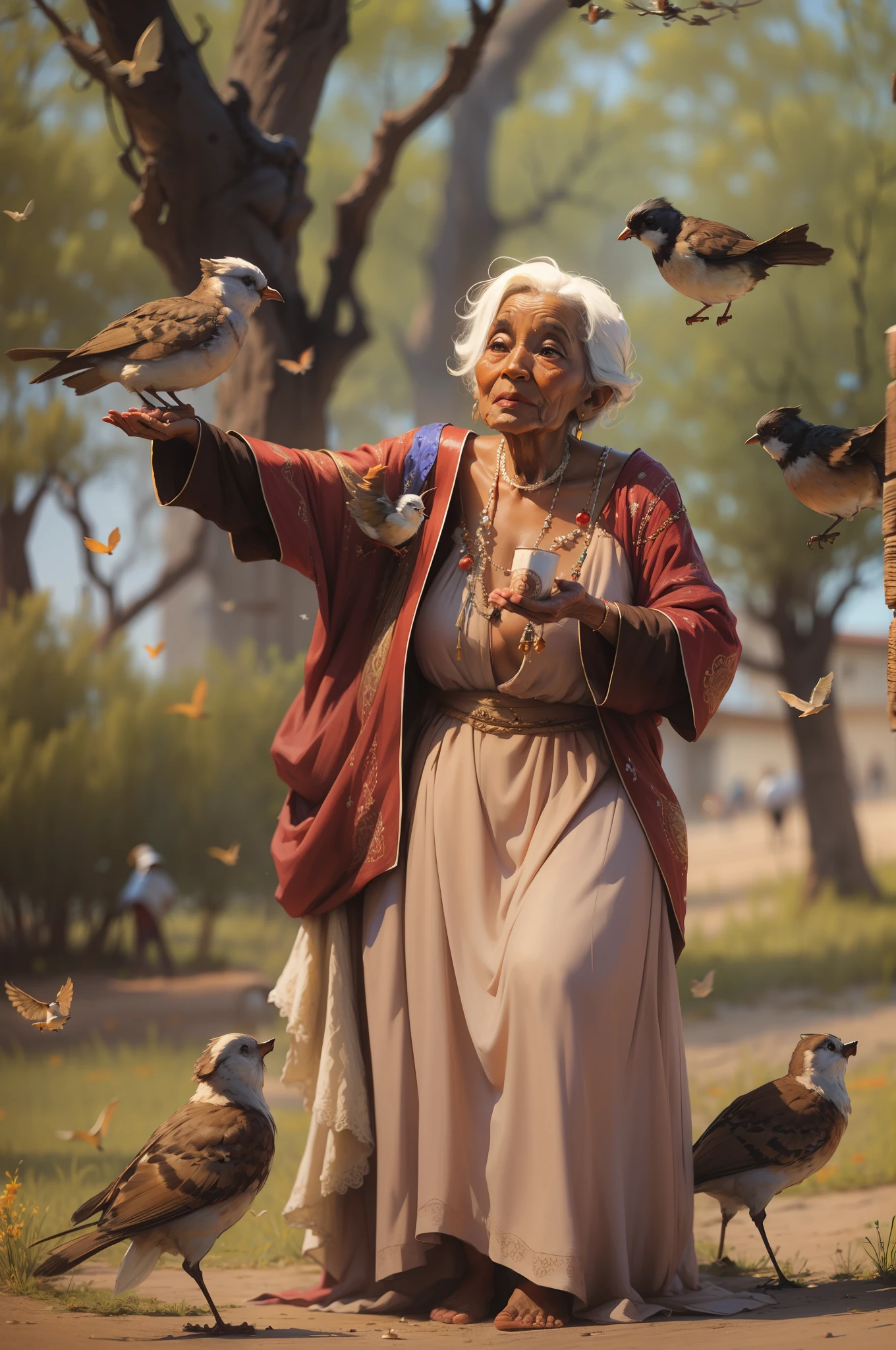 an elderly brown-skinned woman in typical gypsy robes playing with birds
