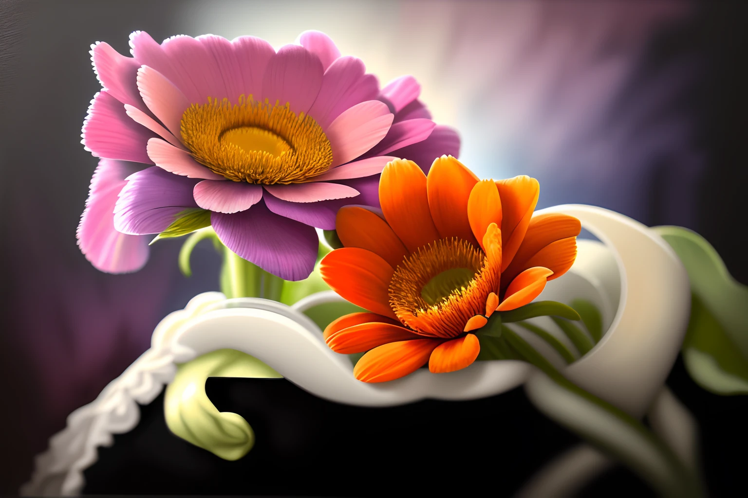 an oil painting of a bunch of flowers in a vase, in the style of realistic color schemes, intricate, delicate flower and garden paintings, light pink and dark orange, light white and dark purple, uhd image, baroque extravagance, daguerreian
