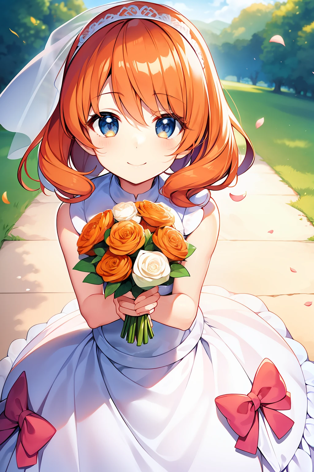 Serena from pokemon, 1girl, Wearing a Wedding Dress, Smiling, Blushing, mature woman, holding a bouquet of flowers, short orange hair, highly detailed face, cute