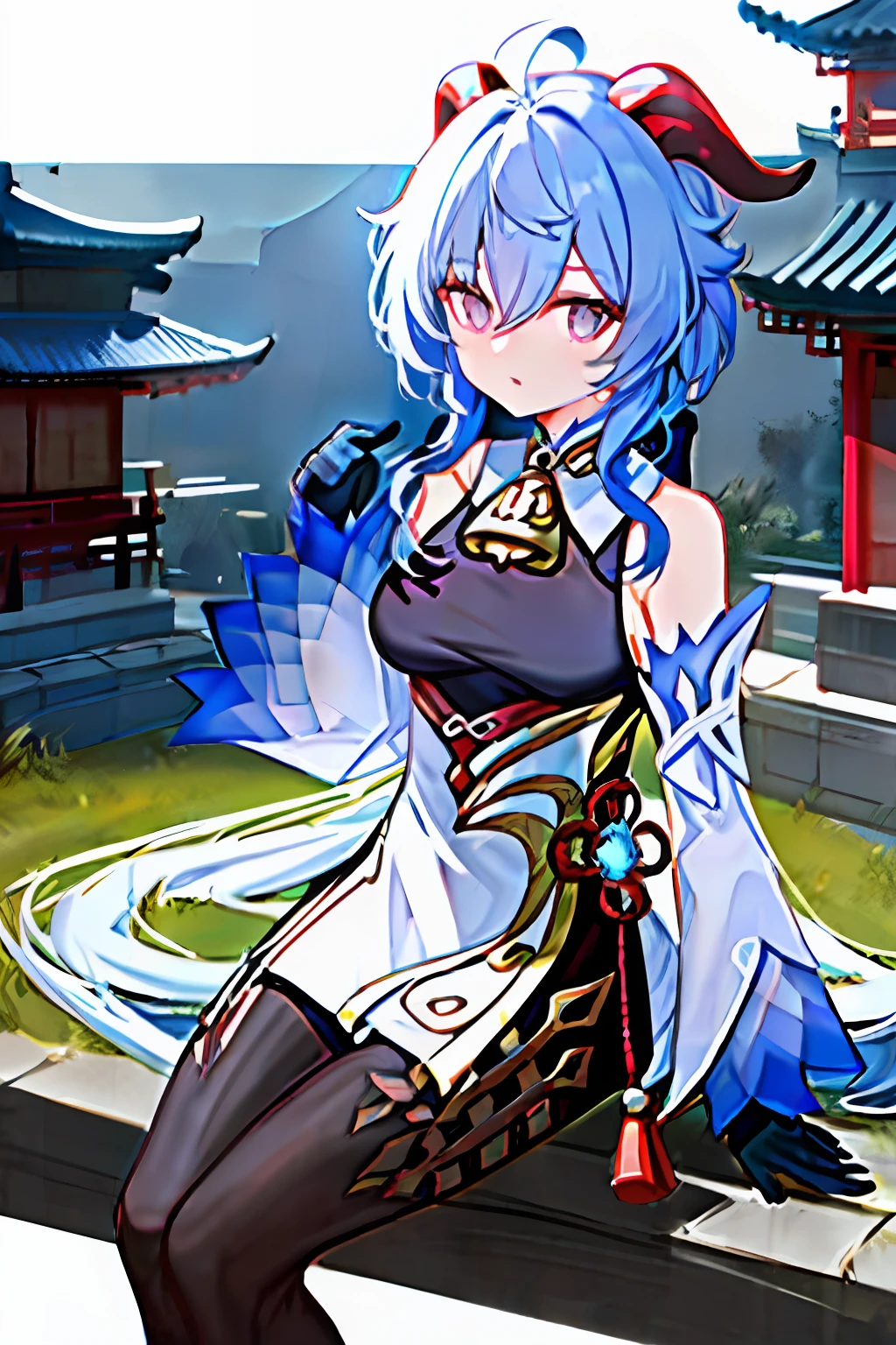 ganyu\(genshin impact\), 1girl, ahoge, architecture, bangs, bare shoulders, bell, black gloves, black tights, ((blue hair), blush, breasts, chinese knot, sleeve, East Asian architecture, flower knot, glove, horn, long hair, looking at the audience, medium chest, neckbell, night, outdoor, pantyhose, purple eyes, sideburns, solo, tassels, white sleeves, ((masterpiece))