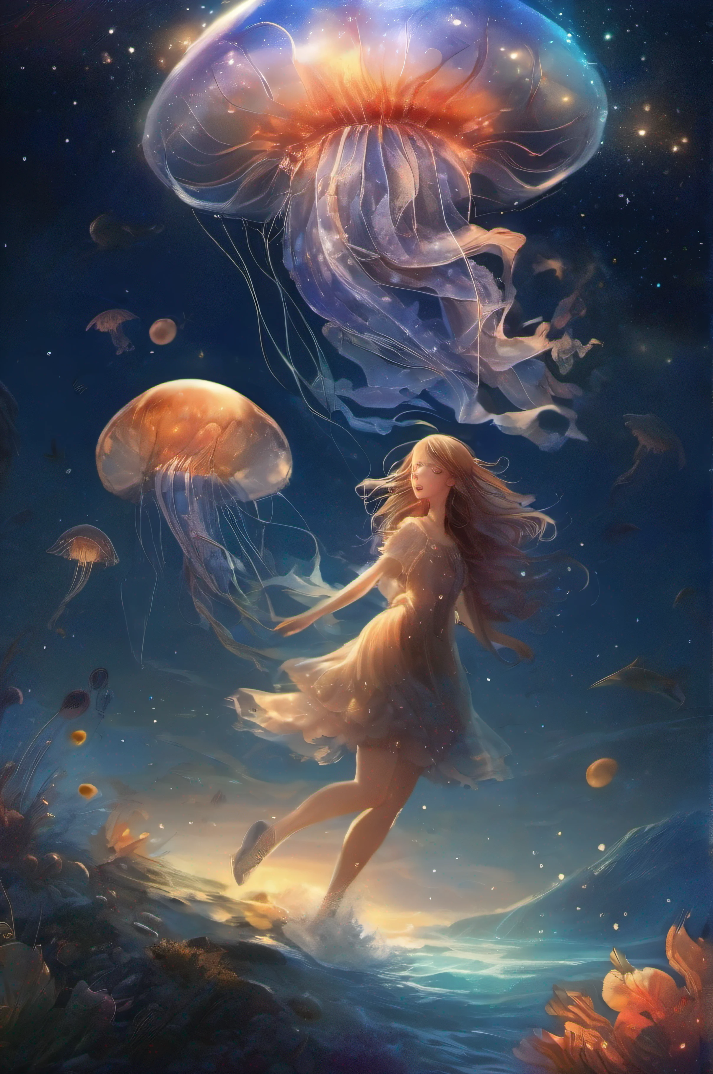 A magnificent mix of sea and space、Creatures such as jellyfish are swimming in the sea、Constellations twinkle in the universe、hight resolution、Artistically