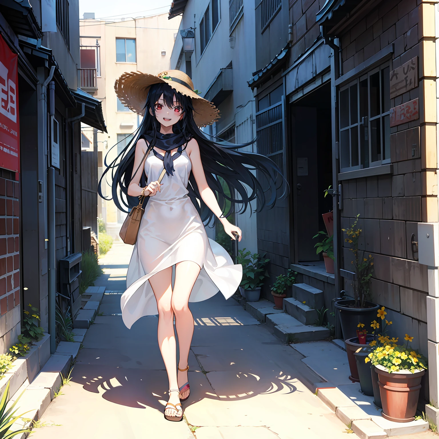 Childhood friend girl walks ahead in a back alley in summer、Long black hair wearing straw hat、Smile while looking back and showing your teeth、Height 165cm、Breast C cup、Narrow style、onepiece、Shoulder scarf、sandal、