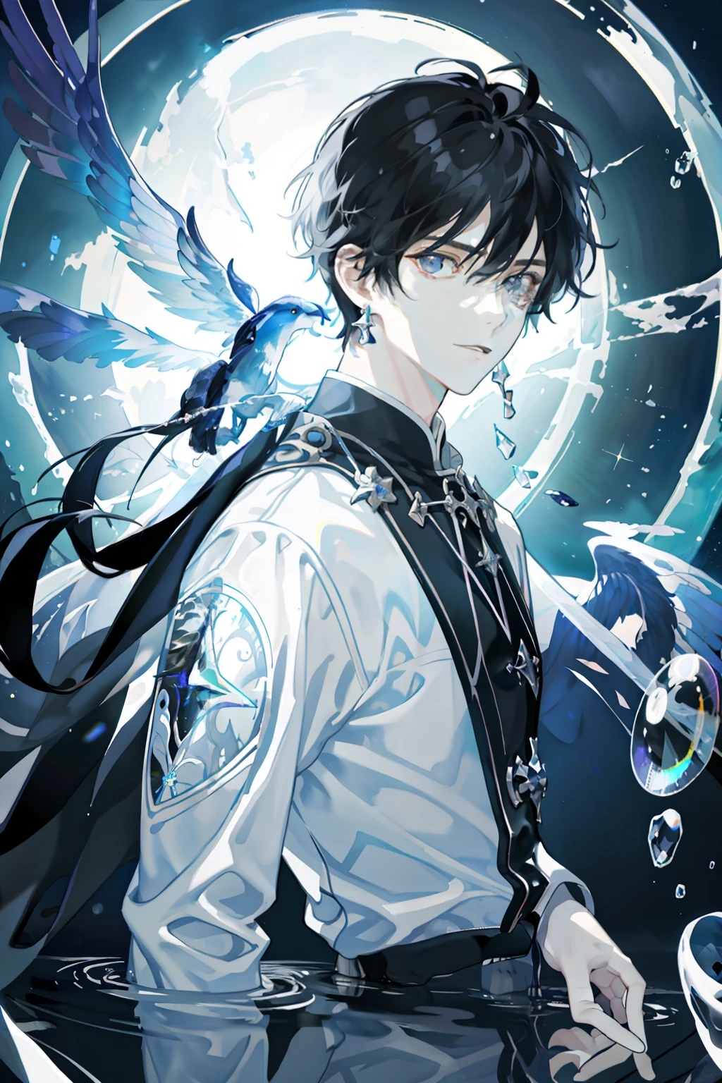 tmasterpiece、Need、1male people、Black hair and black eyes、Investigator、AS-Adult、dark themes、Magic Array、Buble、rainbow Sunlight、under the water、Reflected mirror、floating piece of Glass、Rainbow light、Bubble Swirling、Wind swirl、extreme light、Fantastic landscape, Starlight around the character, (The upper part of the body)