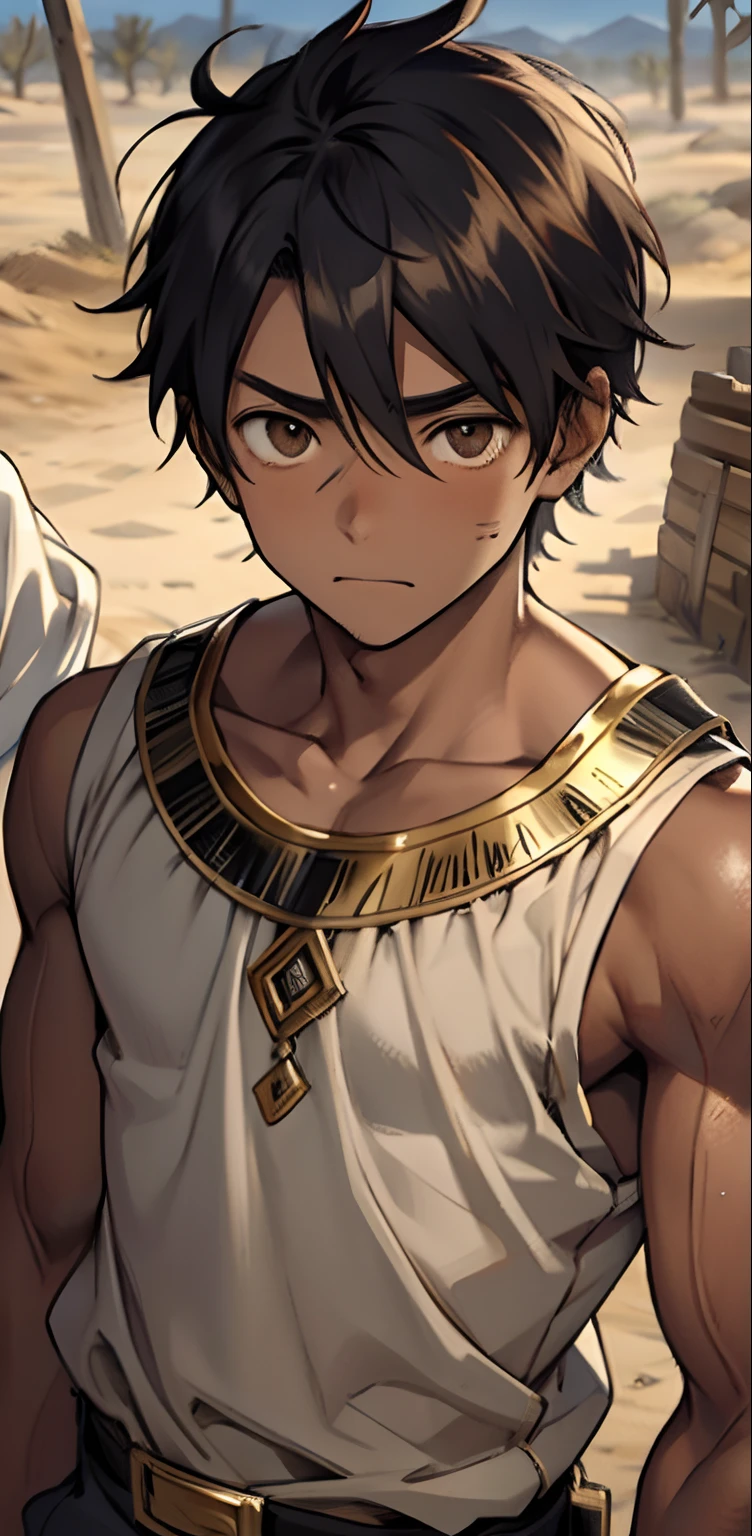 (masutepiece, Best Quality)、,1boy,(16 year old boy,child-faced),ancient Egyptian,delicate big eyes,Open your eyes,tanned smooth and delicate skin,infancy,young age,short round face,Flat chin,finely detaild face,Muscular arms,shorth hair,vivd colour,(depth of fields:1.2),looking at viewert,A desert,Gold Accessories