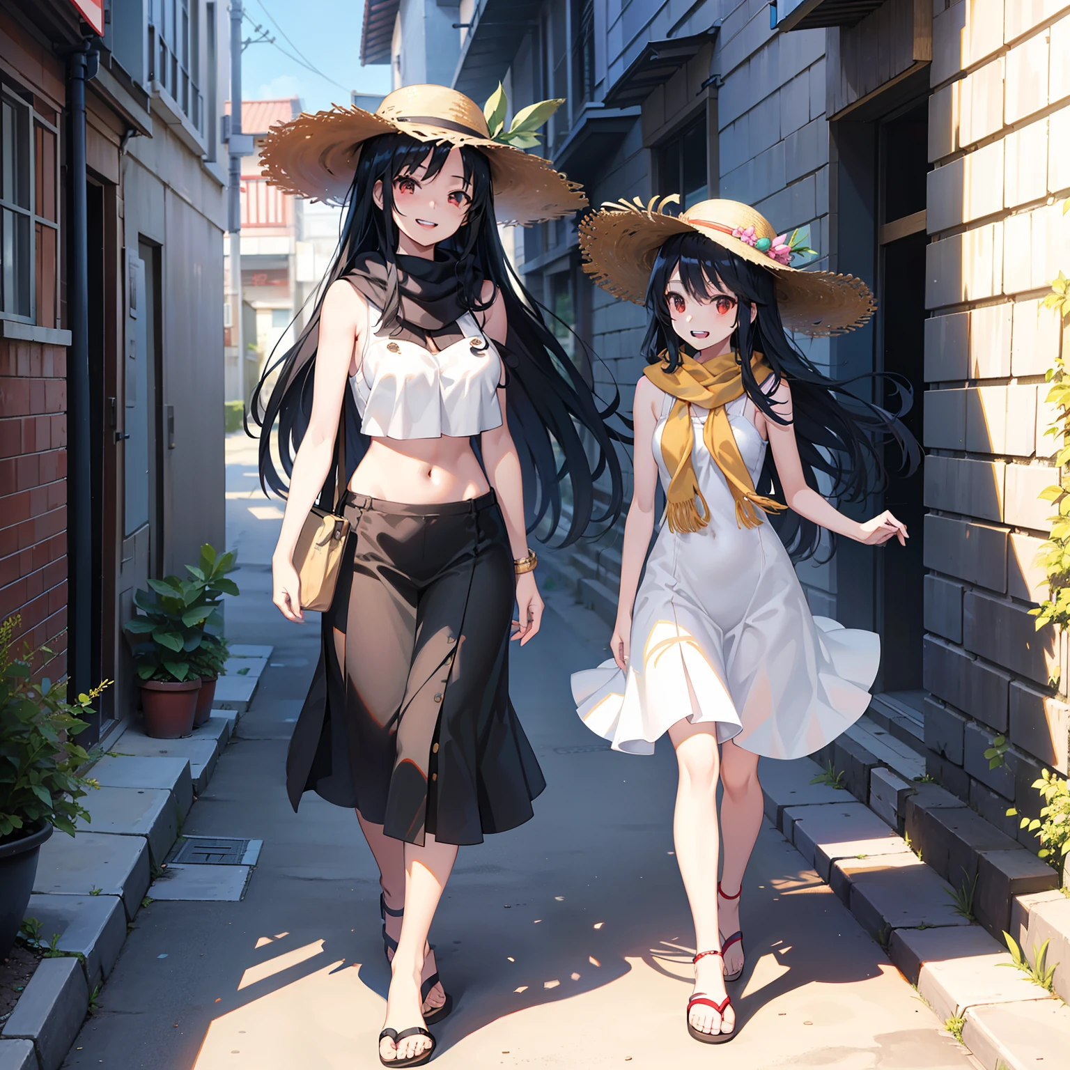 Childhood friend girl walks ahead in a back alley in summer、Long black hair wearing straw hat、Smile while looking back and showing your teeth、Height 165cm、Breast C cup、Narrow style、onepiece、Shoulder scarf、sandal、