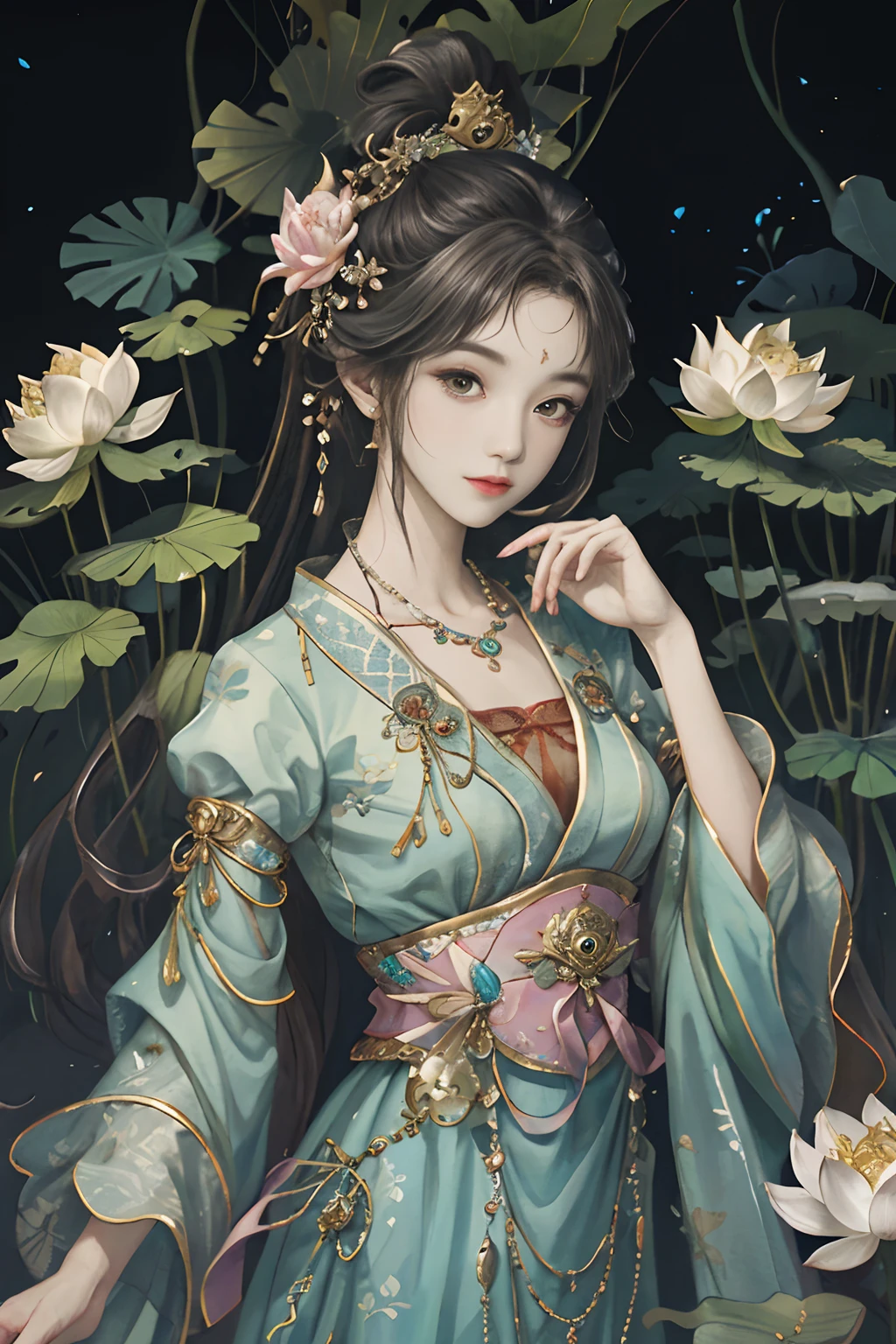 Original，（illustratio：1.1），（best qualtiy），（tmasterpiece：1.1），（the Extremely Detailed CG Unity 8K Wallpapers），（a color：1.2），1 Lotus God，goddes，Bust，ancient costume，best qualtiy，Extremely detailed jewelry，Lotus petals，scenecy，rios|Wagas，