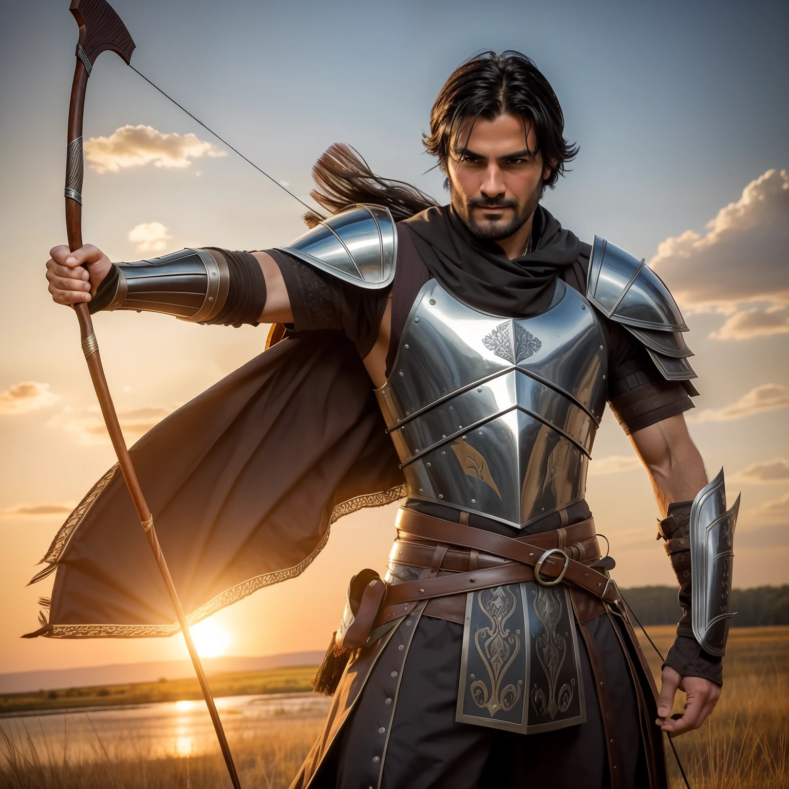 1 person Handsome man with black hair in his 30s Stubble Thin macho Medieval European-style armor Finely patterned armor Pose with bow facing the sky Holding a bow with right hand Grab the arrowhead with your left hand Draw the bow forcefully Draw an arrow towards the sky Bend one knee Invincible smile Raise the corners of your mouth slightly Serious eyebrows Wilderness battlefield Sunset Wide shot Low angle Masterpiece Best quality Real Strong contrast of light Famous scenes from the movie