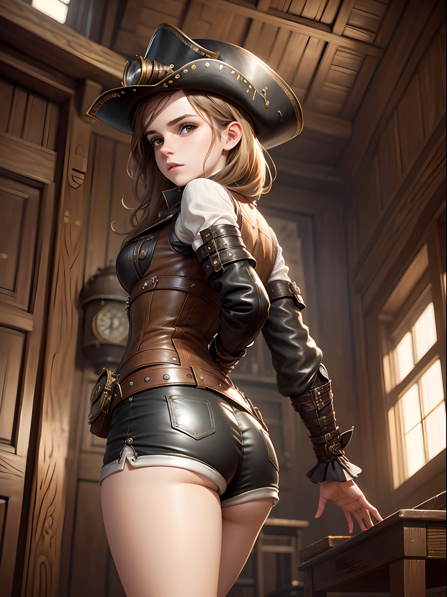 teen emma watson as a steampunk girl. looking back at the camera.  leather shorts. slender and graceful frame. inside pirate ship. helmet with goggles.
