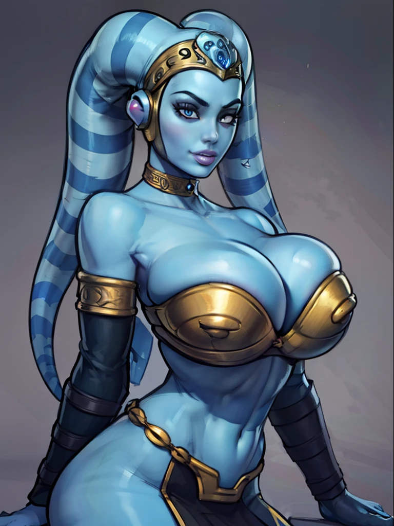 (best quality, masterpiece, highly detailed), 1girl, (blue skin), sexy busty Twi'lek, (((gigantic breasts, skindentation, cleavage))), cleavage, sharp facial features, silver metal bikini, silver, ornate strapless metal bra, metal lace, gemstones, silver jewelry, long skirts, choker, armlets, pelvic curtain, silks, Star Wars, lekku stripes