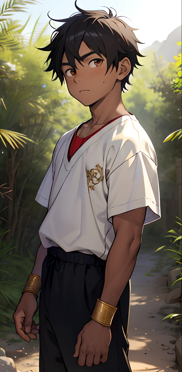 (masutepiece, Best Quality)、,1boy,(16 year old boy,child-faced),ancient Egyptian,delicate big eyes,Open your eyes,tanned smooth and delicate skin,infancy,young age,short round face,Flat chin,finely detaild face,Muscular arms,shorth hair,vivd colour,(depth of fields:1.2),looking at viewert,A desert,Gold Accessories