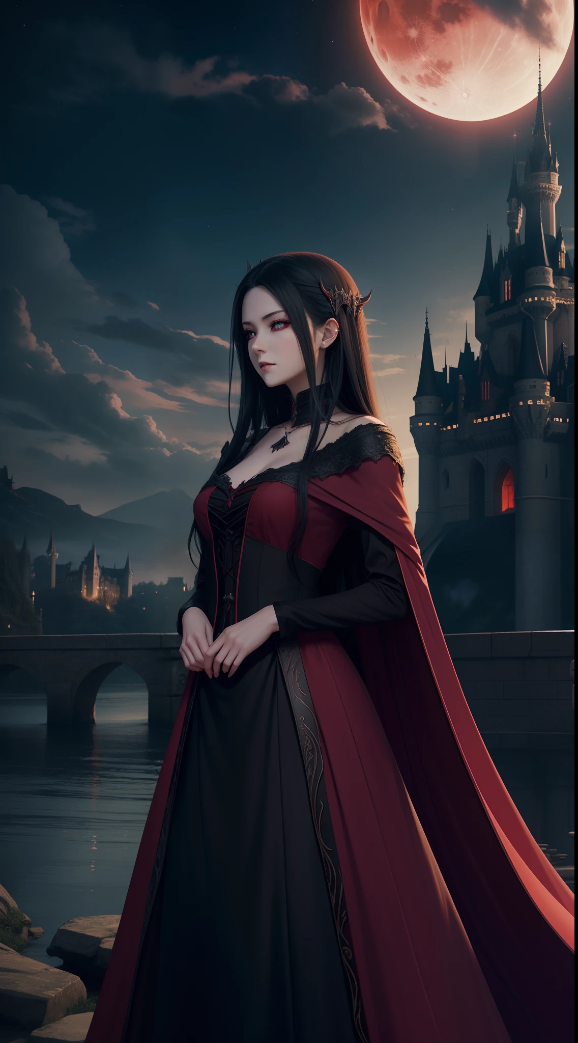 On a red moonlit night、Stand in front of the castle、Has long black hair and red eyes、Dressed in a calm white dress、Beautiful ephemeral bewitching adult woman, beautiful vampire queen, dark fantasy style art, beautiful vampire female queen, 8 K, Vampire Queen, female vampire, female vampire warrior, beautiful alluring anime woman, dark fantasy style, anime fantasy artwork