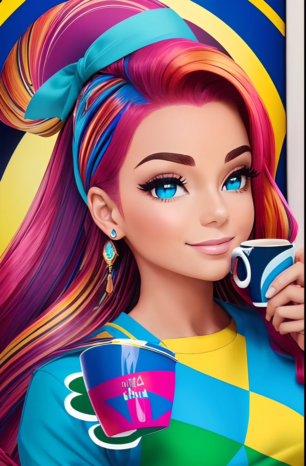 (UMA BELA MULHER RUIVA CABELOS CACHOS SOLTOS RUIVOS, Feliz, ORIGINAL WITH A NICE WHITE AND BLUE CUP OF COFFEE COMING OUT A LITTLE SMOKE IN YOUR HAND, Beautiful cup ,Coloridas ,pink and blue and yellow WRITTEN WE COOFFE IN THE CUP ),  Eduardo Kobra ,Romero Brito,The Filling Twins ,multidimensional geometric wall PORTRAIT, arte, Chibi,
Yang08k, lindo, Colouring,
Primary works, qualidade superior, melhor qualidade, Arte Oficial, Beautiful and Aesthetic, 128 mil