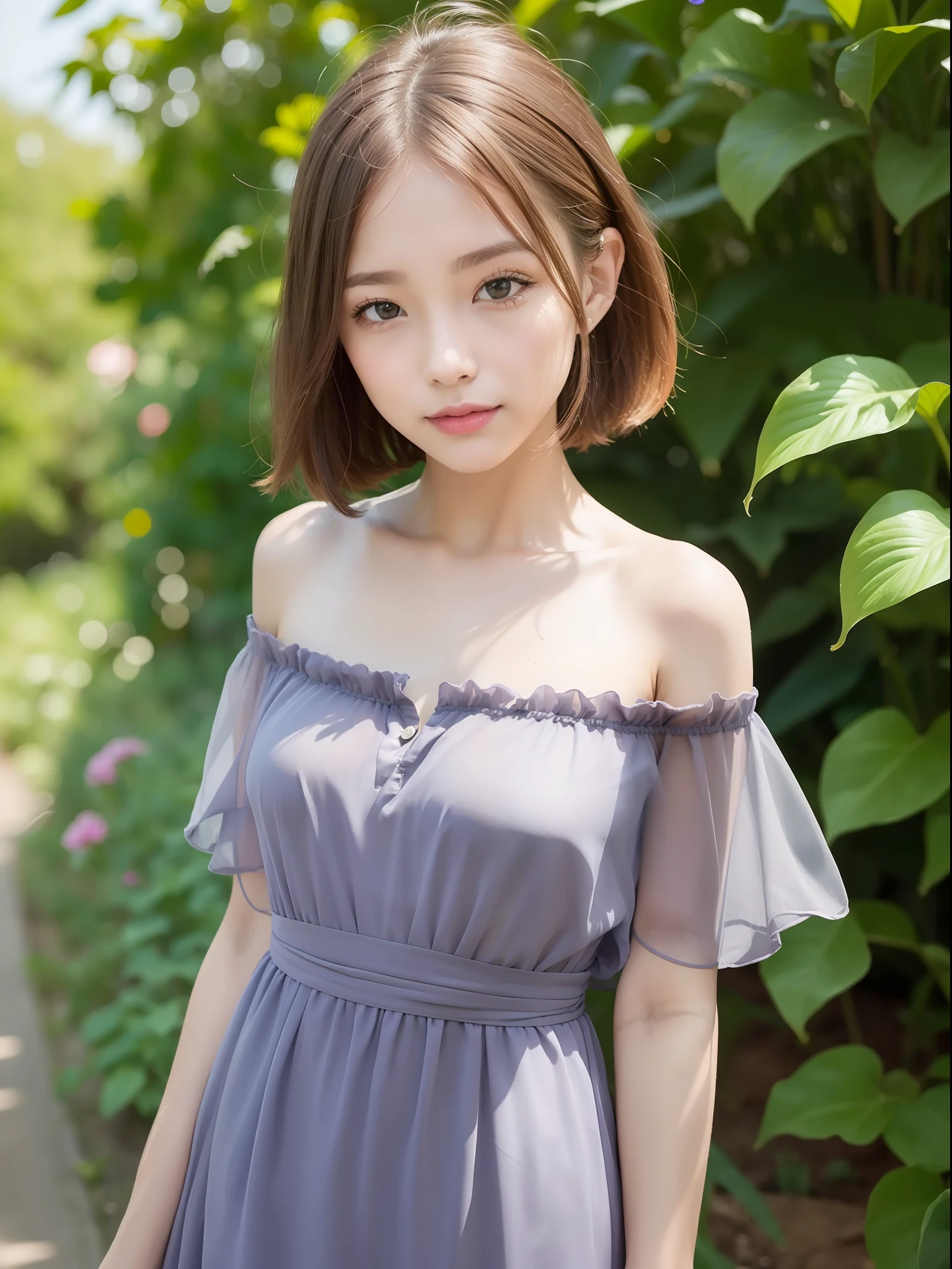 ((of the highest quality, 8K, masutepiece: 1.3, Raw photo)), Sharp Focus: 1.2, (1 AESPA Girl :1.1), (Solo: 1.2), (Realistic, Photorealistic: 1.37), (Face Focus: 1.1), Cute face, hyper detailed face, Small breasts, flat chest, thighs, Short messy hair, Small Smile, (sheer fabric:1.25), (loose:1.3), (off-shoulder chiffon shirt dress:1.3), garden, from below, Glory lily