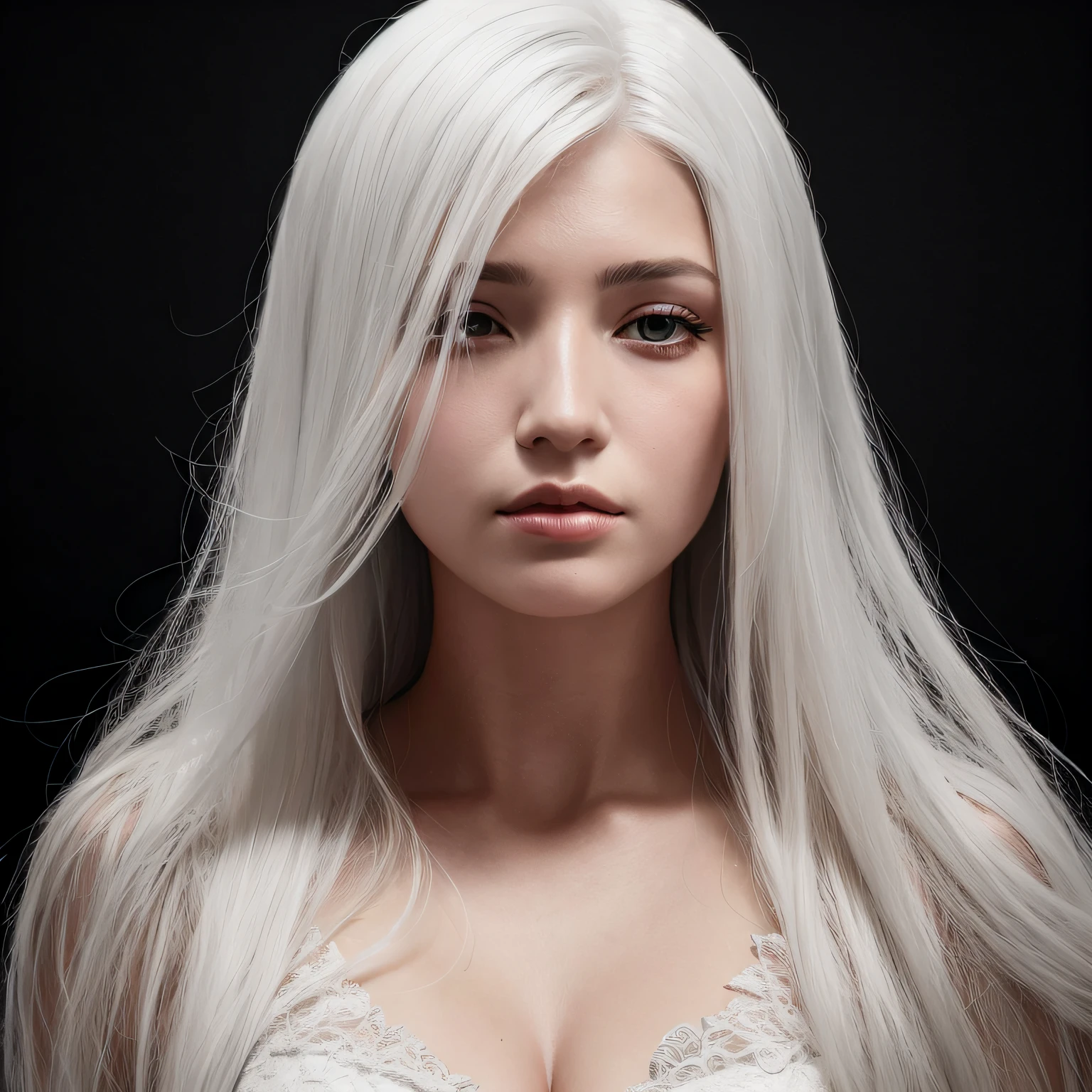 (In the Dark: 1.6), surreal female portrait by David Hockney and Alphonse Mucha, fantasy art, photorealism, dynamic lighting, artstation, poster, volumetric lighting, very detailed faces, 4k, award winning, 1girl, in the dark, deep shadow, low key, cowboy lens, (official costume: 1.4), long hair, white hair, bust, library,