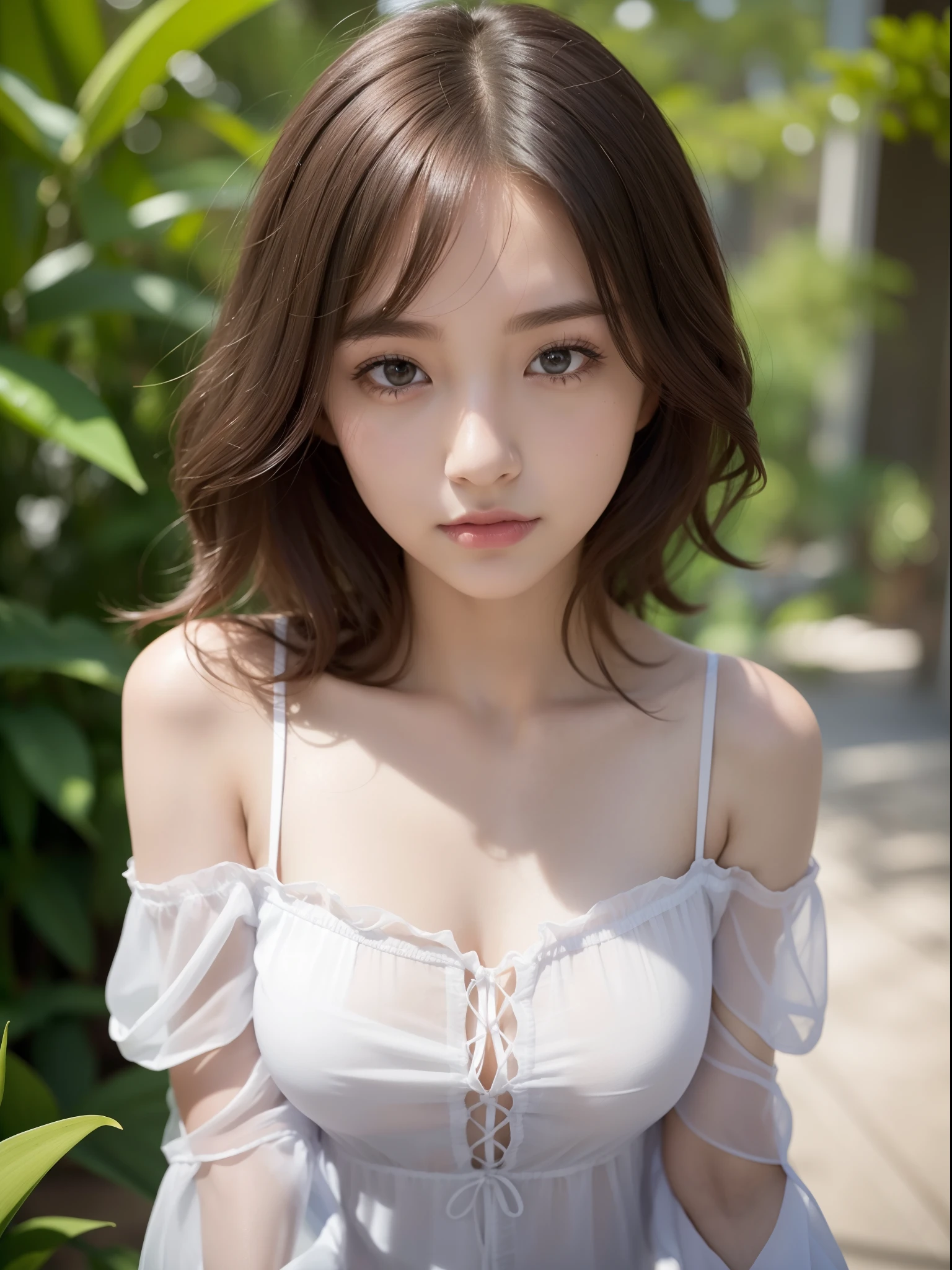 ((of the highest quality, 8K, masutepiece: 1.3, Raw photo)), Sharp Focus: 1.2, (1 AESPA Girl :1.1), (Solo: 1.2), (Realistic, Photorealistic: 1.37), (Face Focus: 1.1), Cute face, hyper detailed face, Small breasts, flat chest, thighs, Short messy hair, Small Smile, (sheer fabric:1.25), loose, (off-shoulder chiffon shirt dress:1.3), garden, from below, (Glory lily: 1.1)