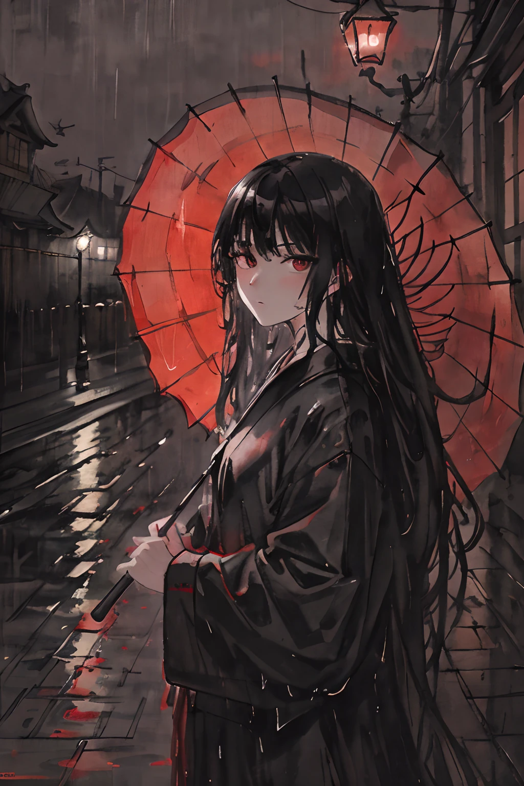 tmasterpiece,Need,Black hair and black eyes,Wet streets,Night lights,Red umbrella,A high resolution,Need,1girll,Need,illustratio,looking at viewert, impasto, canvas, oil painted, Realistic, Realist,Real,