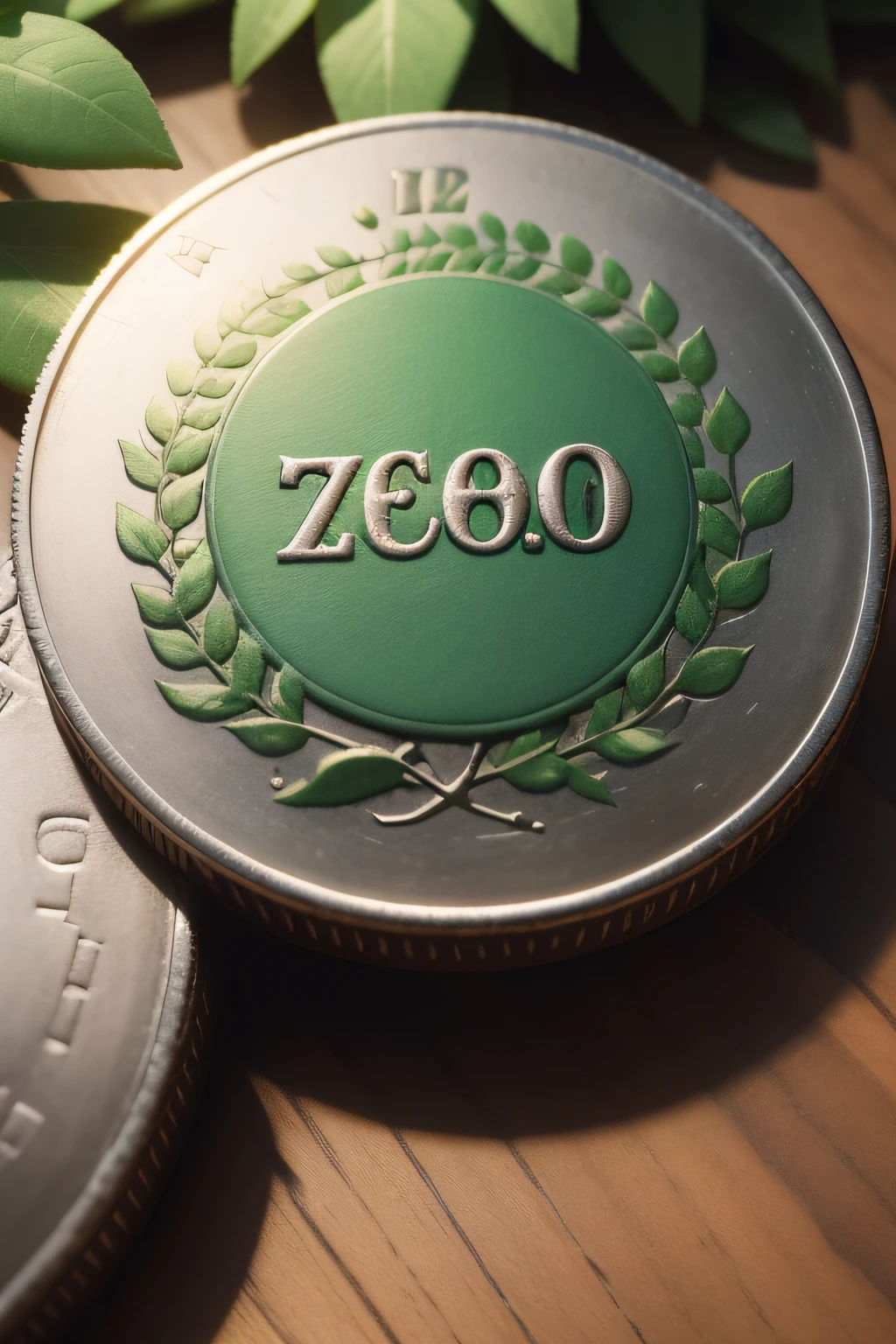coin minted with the phrase "Zero CO2" with a centralized eucalyptus tree logo