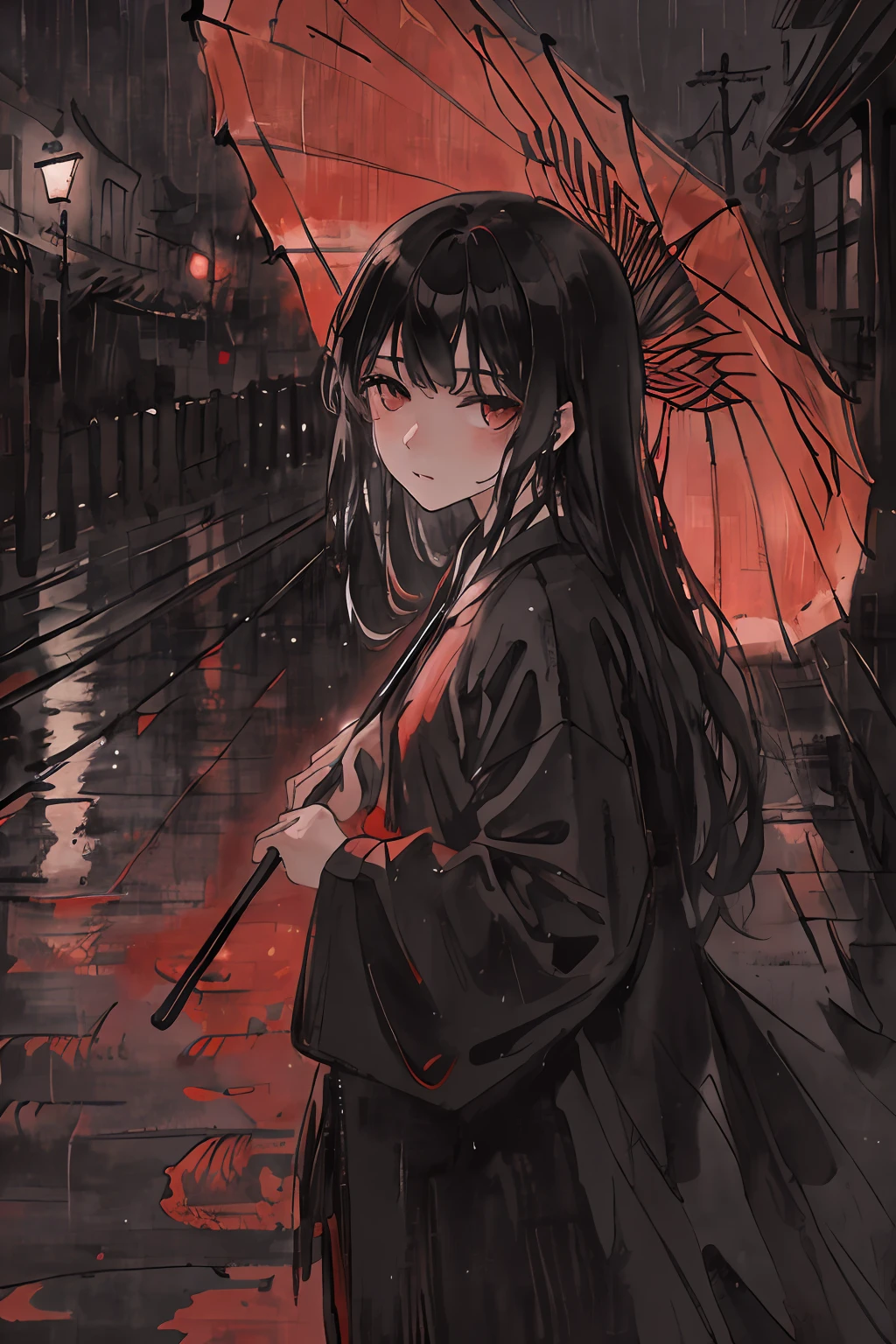 tmasterpiece,Need,Black hair and black eyes，shoun，Wet streets，Night lights，Red umbrella，A high resolution,Need,1girl,Need,illustratio,looking at viewert, impasto, canvas, oil painted, realistic, realist,real,