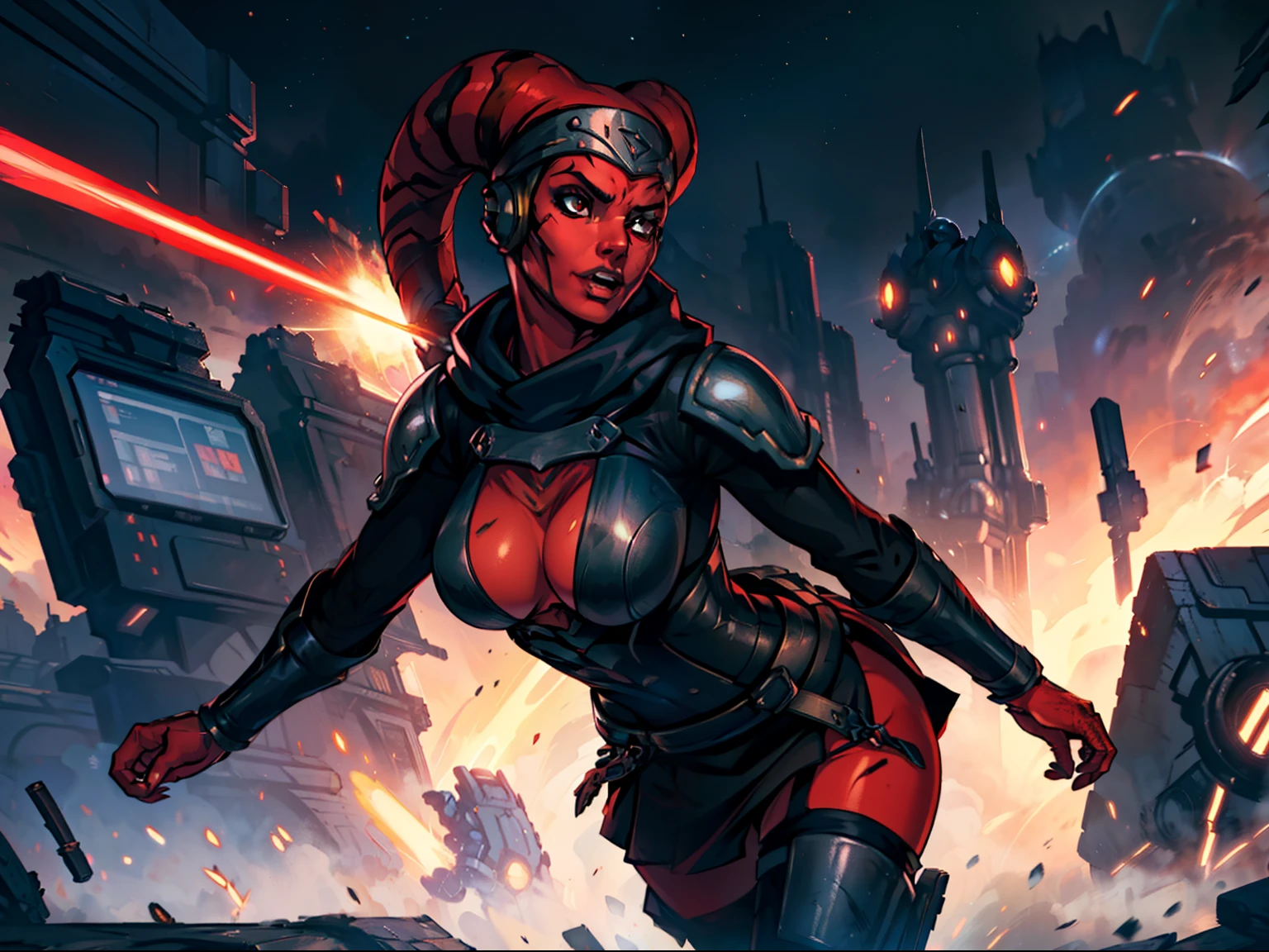 running, raised fist, violence, leaping, sword fighting, lasers, explosions, action scene, fighting, masterpiece, best quality, high-definition, armor, busty, ((red skin), twi'lek), dual red lightsabers, evil space knight, space ninja, (wearing black robes, black stealth armor, breastplate, tunic, tabard, cowl, cloak, body glove, straps, buckles, skirts, long sleeves, fantasy, ((armor))), ((busty), slender body, thin, slim sexy body, slim waist), Imperial starship, Star Wars, futuristic city, warzone