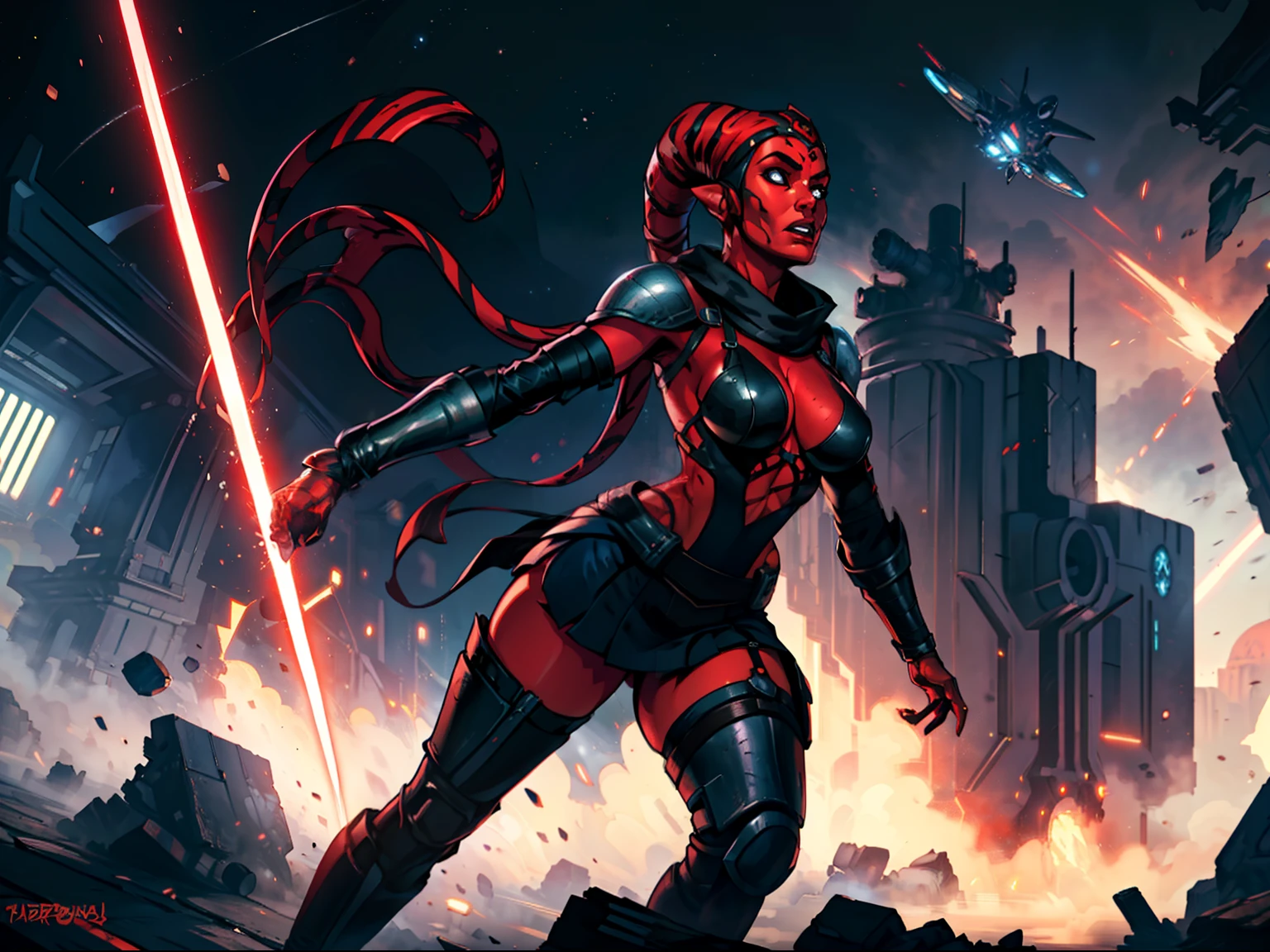 running, raised fist, violence, leaping, sword fighting, lasers, explosions, action scene, fighting, masterpiece, best quality, high-definition, armor, busty, ((red skin), twi'lek), dual red lightsabers, evil space knight, space ninja, (wearing black robes, black stealth armor, breastplate, tunic, tabard, cowl, cloak, body glove, straps, buckles, skirts, long sleeves, fantasy, ((armor))), ((busty), slender body, thin, slim sexy body, slim waist), Imperial starship, Star Wars, futuristic city, warzone