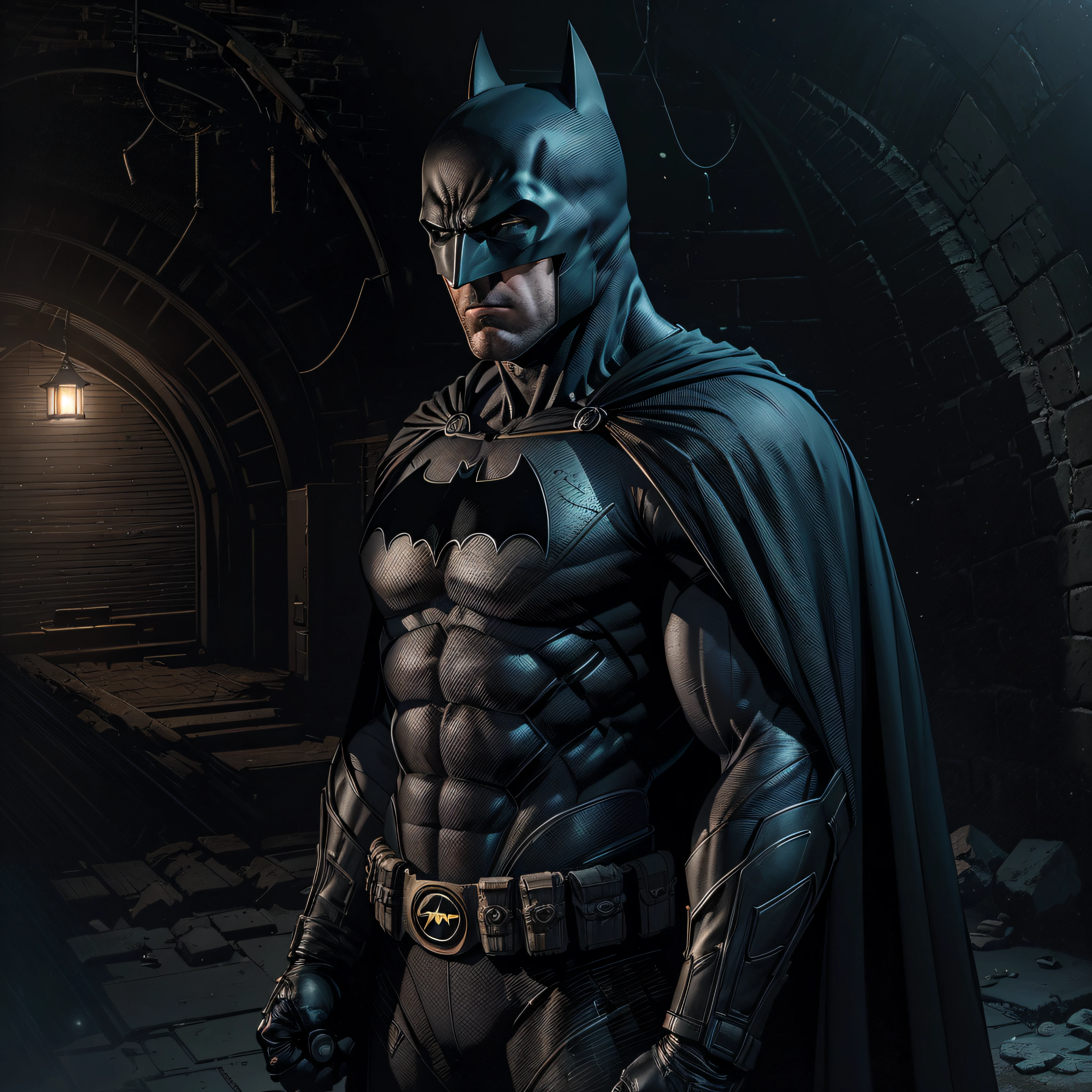1 man, solo, Ben Affleck as Batman, tall, hunk, muscular, bulk, wide shoulder, photorealism, dark dirty grey suit, dark grey arms, ((no mask)), mask off, black hair, black gloves, best quality, masterpiece, high resolution:1.2, black cape, high detailed mask, high detailed suit, high detailed face, award winning, night time, a dark cave in the background, indoors, photo-realistic, ultra-realistic, octane render