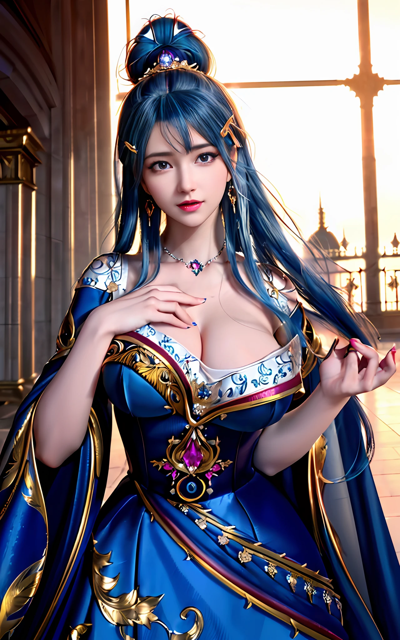 ((realisticity: 1.2)), ((realistic: 8K UHD)), ((best resolution: 8K UHD)), hyper detailed, best quality,masterpiece,highres,cg, ((1 girl hyper detailed and hyper realistic) ) , ((beautiful queen, hyper realistic and hyper detailed)),((white skin, beautiful, smooth, youthful, hyper realistic and hyper detailed )), ((Face hyper beautiful, white, hyper realistic and hyper detailed ) ), long hair, ((hyper realistic and hyper detailed dress)), solo, ((hyper realistic, hyper beautiful, beautiful and hyper detailed jewelry)), ((hyper beautiful deep red and golden yellow dress, hyper realistic and hyper detailed )) , ((Her pretty, hyper realistic, hyper detailed diamond filled earrings)), ((Her gorgeous diamond haircut, hyper realistic and hyper detailed)), ((hyper pretty upper body, hyper beautiful, hyper realistic and hyper detailed) ), ((medium breast: 1.5)), ((hyper realistic, hyper pretty, hyper detailed boobs)), ((the backgroun of the royal palace is hyper majestic, hyper realistic and hyper detailed)),((hands and palms hyper beautiful, hyper detailed, hyper realistic)), ((hyper pretty, hyper pretty, hyper realistic and hyper detailed hair bun)), ((hyper pretty , hyper realistic and hyper detailed blue hair)), candid, Photo, high resolution, 8k , bokeh,
