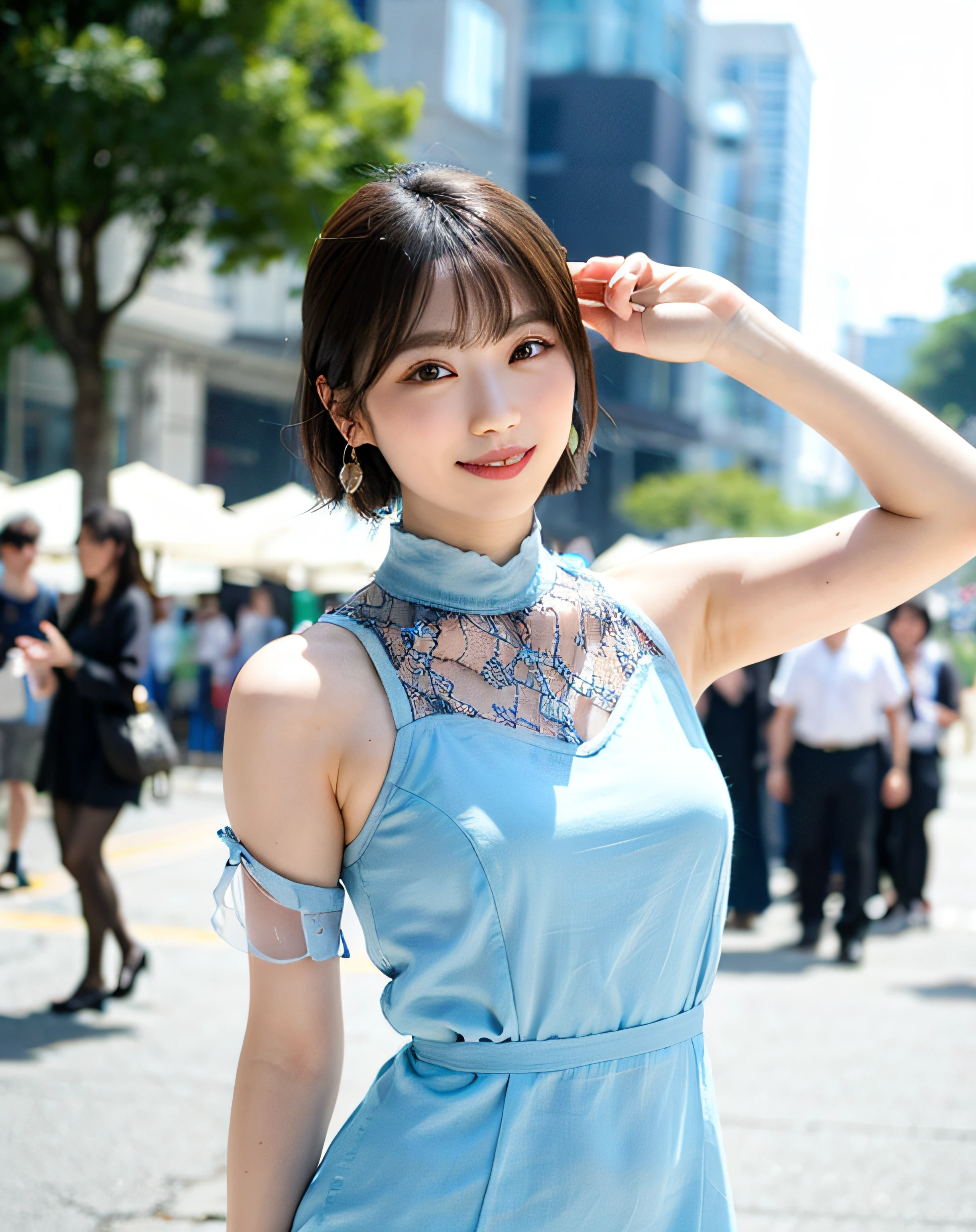 a woman posing on the street corner with light blue dress on, best quality, 1girl, large breasts, day, bright, blur background, bokeh, outdoor, (street:0.8), (people, crowds:1), (lace-trimmed dress:1.5, sleeveless dress, light blue clothes, light blue high-neck dress:1.2, blue dress: 1.5), gorgeous, (short hair, forehead:1.2), beautiful detailed sky, earrings, (dynamic pose:1.2), (upper body:0.8), soft lighting, wind, shiny skin, smile,