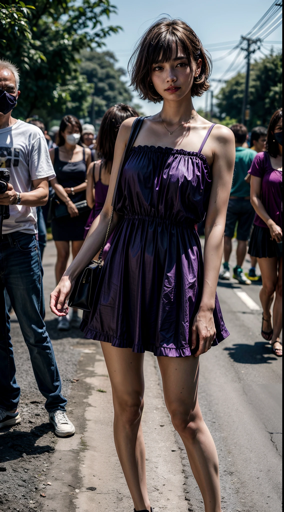 (1girl), Brazilian, solo, bob-short_hair, wearing(violet-minidress), photo(medium-shot), standing, pov, blurry_background, background(morning, roadside, footpath, tree, crowd-of-people), (photorealistic, absurdres, best_quality:1.55),