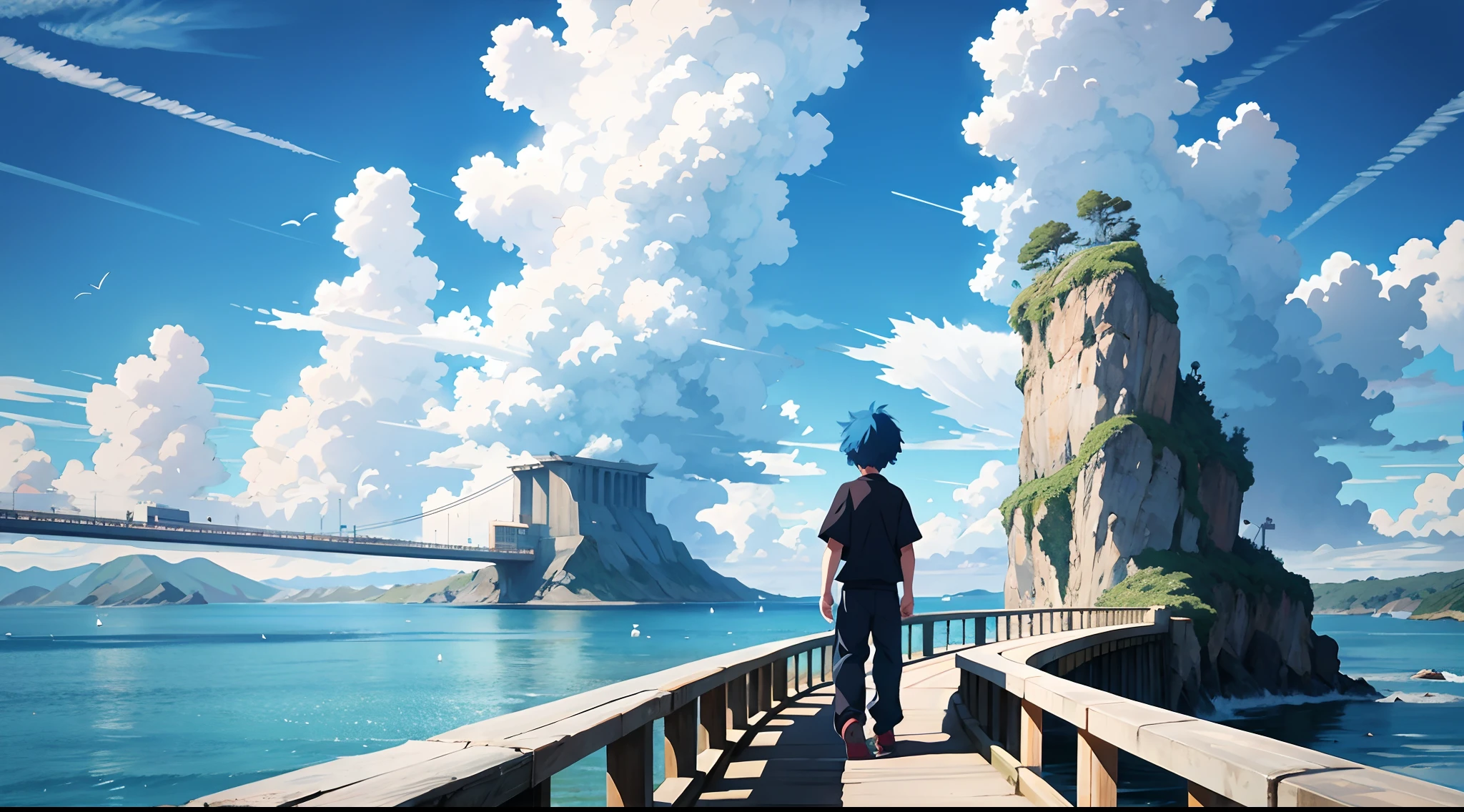 Anime boy standing on a bridge looking towards blue ocean, beautiful, blue sky, insanely beautiful blue sea, a whale, beautiful clouds and sky, back of the anime guy, beautiful morning at the sea, sea morning view, Inspired from "children of the sea movie" and " studio ghibli", beautiful visual scene