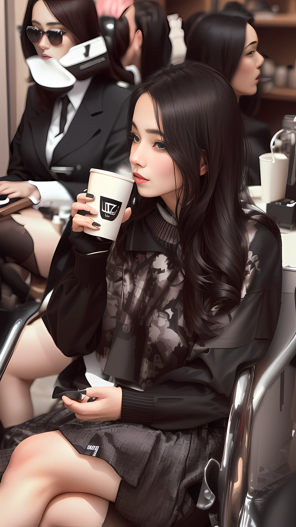 Coffee in hand，Wear JK clothing，black lence stockings