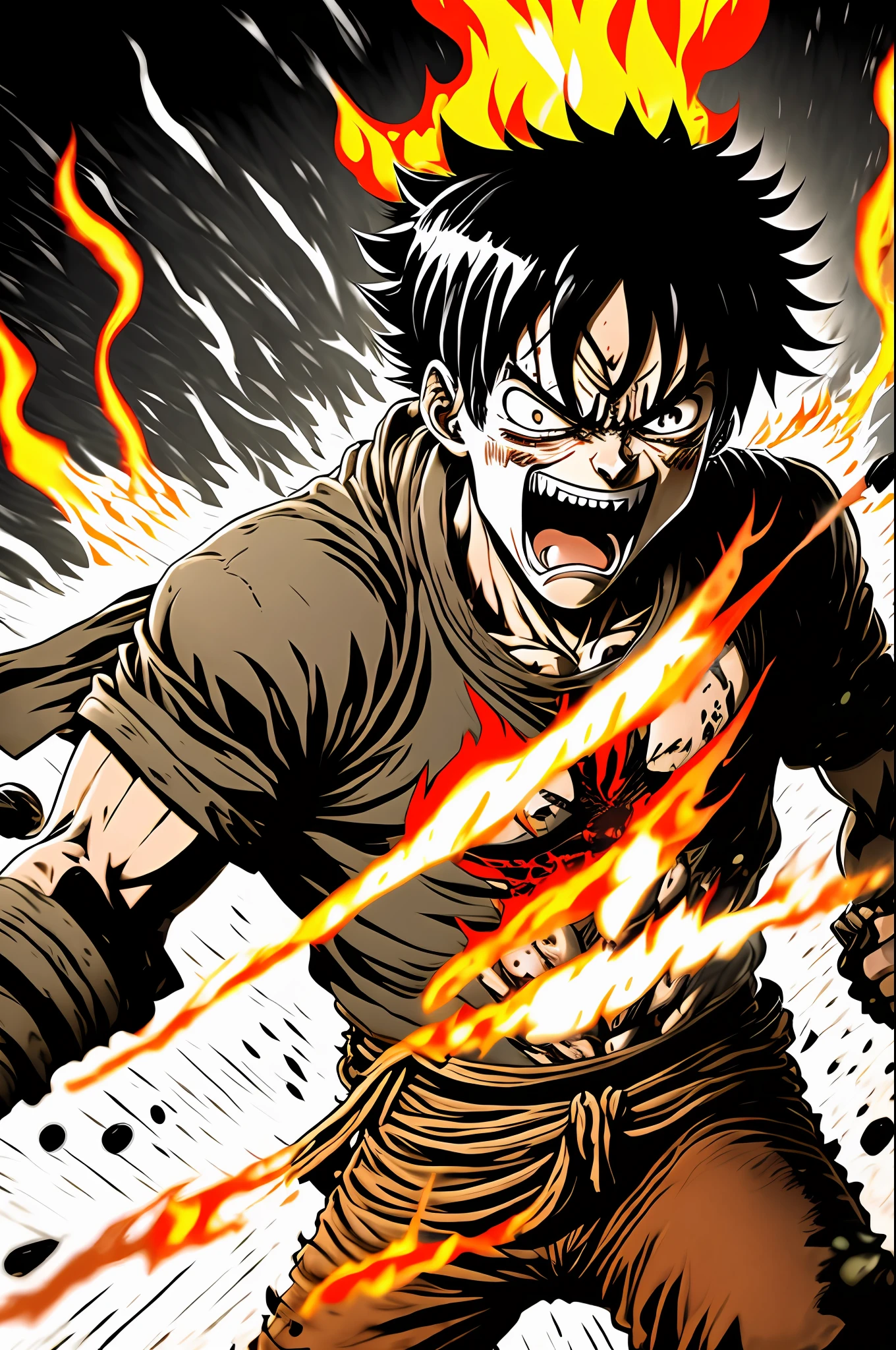 Design a gripping poster featuring Luffy from "One Piece" in a fit of rage. Capture the essence of his burning determination and unyielding spirit as he unleashes his wrath upon his enemies. Keep it short, bold, and intense to convey the raw power of Luffy's anger.