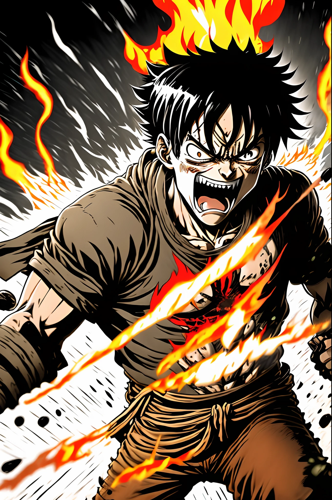 Design a gripping poster featuring Luffy from "One Piece" in a fit of rage. Capture the essence of his burning determination and unyielding spirit as he unleashes his wrath upon his enemies. Keep it short, bold, and intense to convey the raw power of Luffy's anger.