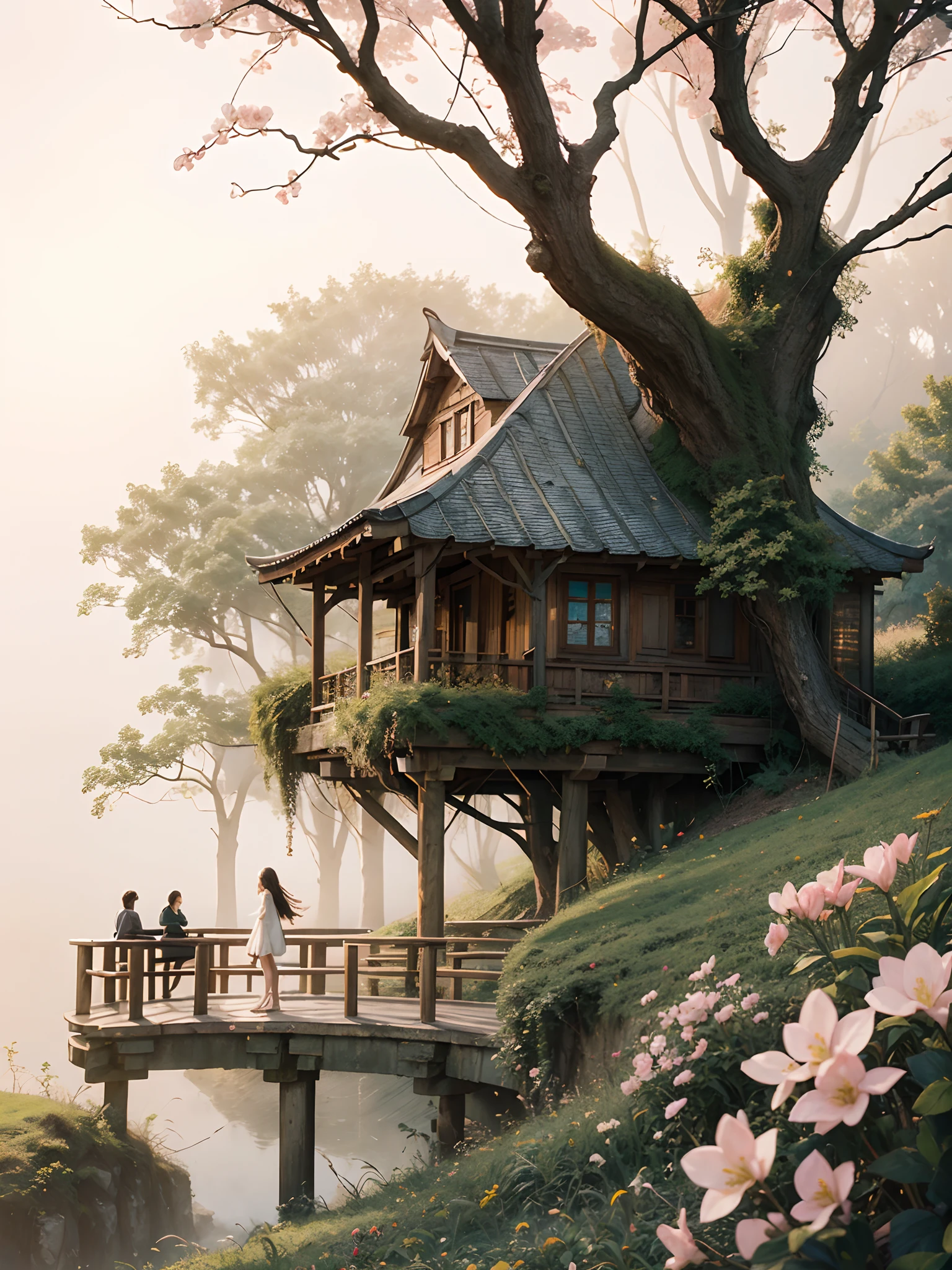 (masterpiece:1.5), (bestquality), highlydetailed, ultra-detailed, 1 girl, The theme of Xanadu, Cinematic lighting, Peach blossom tree, wood bridges, tree house, lawns, light(pink), golden hour lighting, misty atmosphere, serene ambiance, tranquil setting, vibrant colors, dreamlike scenery, delicate details, soft shadows, gentle breeze, peaceful soundtrack, ethereal glow, magical aura, secluded paradise, harmonious nature, picturesque landscape, idyllic escape, enchanting beauty, immersive experience, captivating serenity, blissful solitude, timeless tranquility.