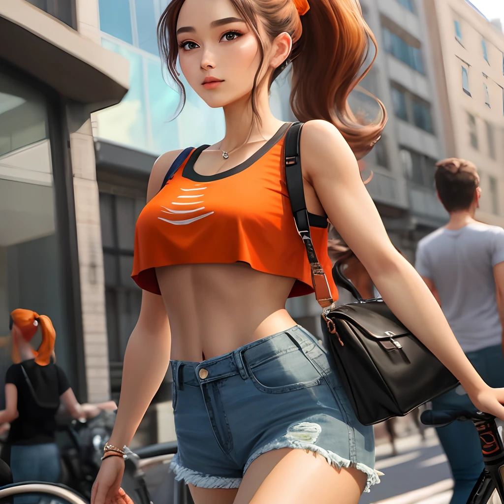 Orange crop top with high ponytail denim shorts