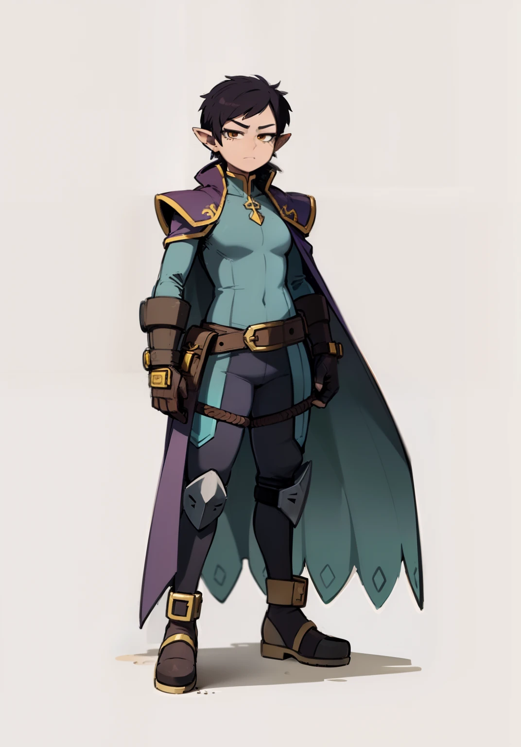 My Hero Academia Style, Luz Noceda, The Owl House, Anime Girl, female, trending on artstation pixiv, (full body shot:0.5), Masterpiece, Short Brown Hair, Pixie Cut, Brunette Skin, Brown Eyes, Long Side Bangs, Pointy ears, Hero Costume, Full Body Suit, Indigo Blue Suit with Gold Lines, Brown Ankle Boots, Ankle Boots with toe cap, gold metal knee pads, brown gloves, long purple cloak with hood, pointed hood, hood down, medium chest, wide thighs, wide hips,