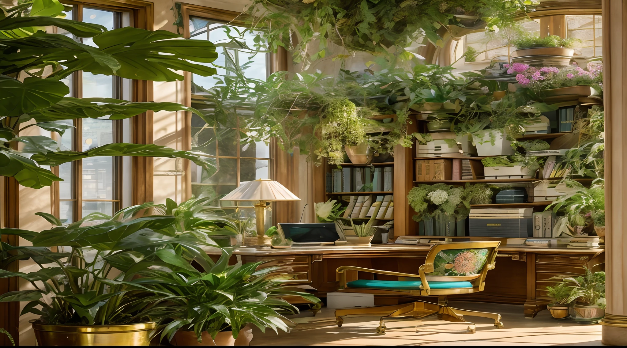 Architectural Digest photo of a maximalist green {vaporwave/steampunk/solarpunk} ((Home office)) with flowers and plants, golden light, hyperrealistic surrealism, award winning masterpiece with incredible details, epic stunning