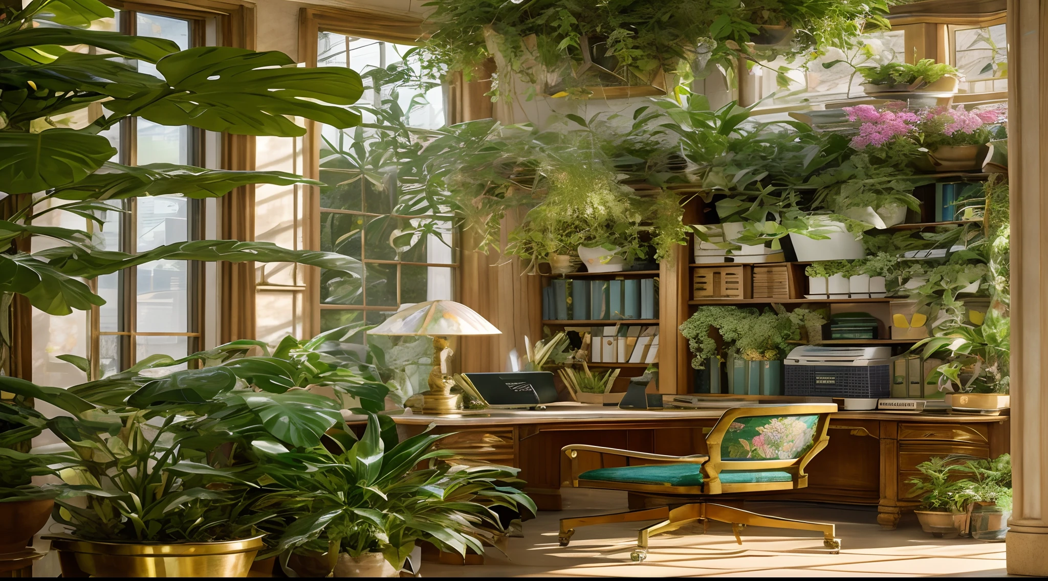 Architectural Digest photo of a maximalist green {vaporwave/steampunk/solarpunk} ((Home office)) with flowers and plants, golden light, hyperrealistic surrealism, award winning masterpiece with incredible details, epic stunning