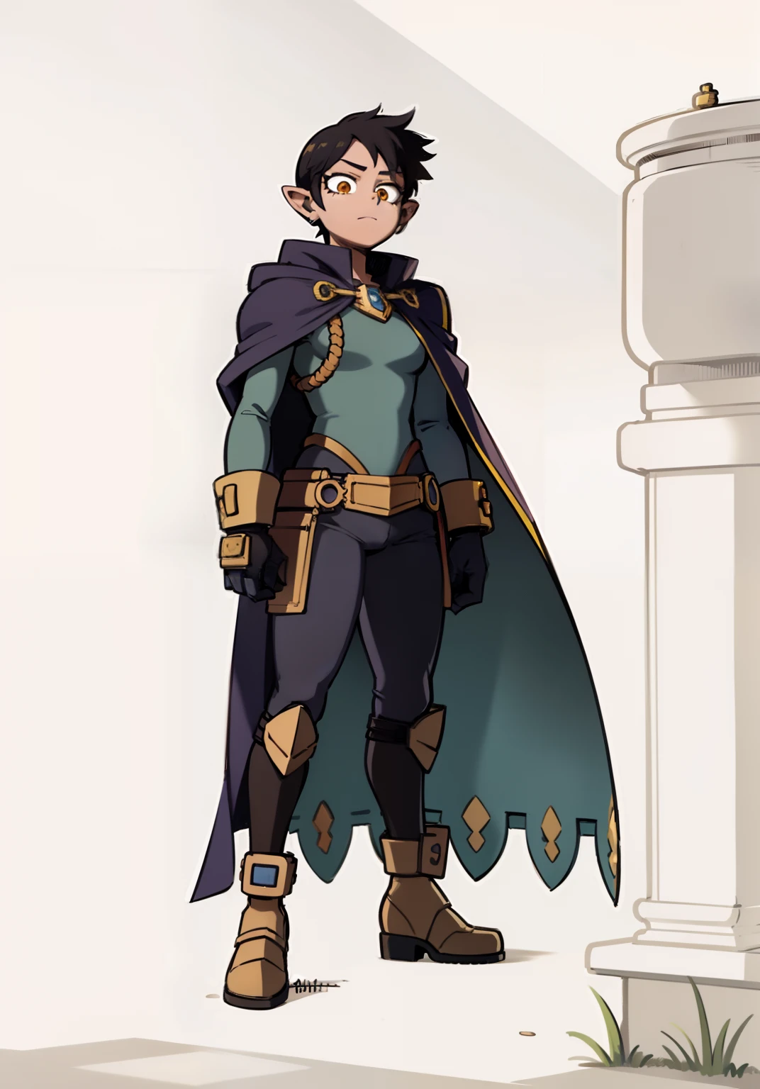 My Hero Academia Style, Luz Noceda, The Owl House, Anime Girl, female, trending on artstation pixiv, (full body shot:0.5), Masterpiece, Short Brown Hair, Pixie Cut, Brunette Skin, Brown Eyes, Long Side Bangs, Pointy ears, Hero Costume, Full Body Suit, Indigo Blue Suit with Gold Lines, Brown Ankle Boots, Ankle Boots with toe cap, gold metal knee pads, brown gloves, long purple cloak with hood, pointed hood, hood down, medium chest, wide thighs, wide hips,