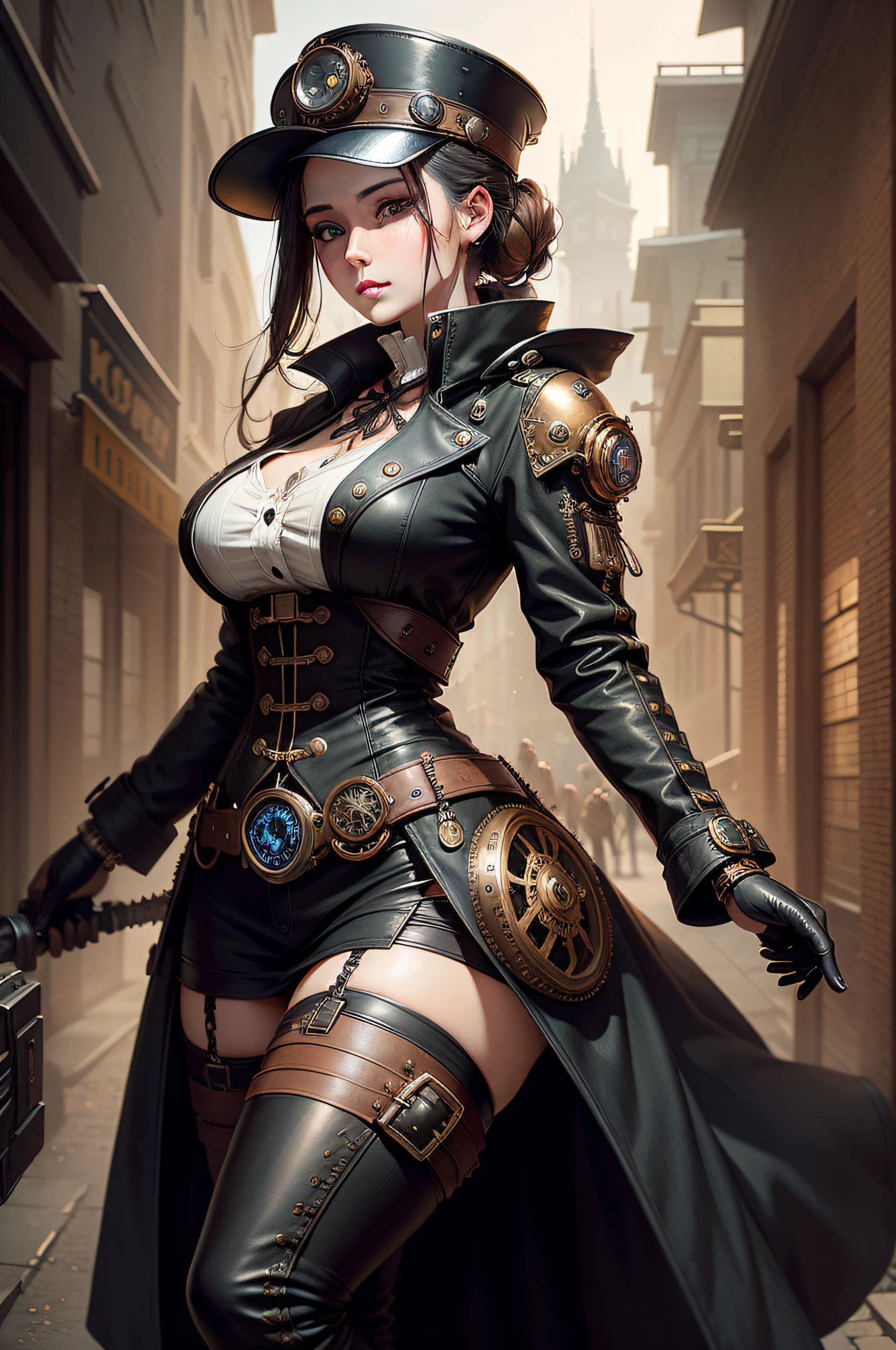 Beautiful Eyed Woman in Steampunk Style、Black coat、Gear and watch decoration、Functional equipment、Equipped with a large mechanical shield、Steampunk-style city、Heavy equipment、